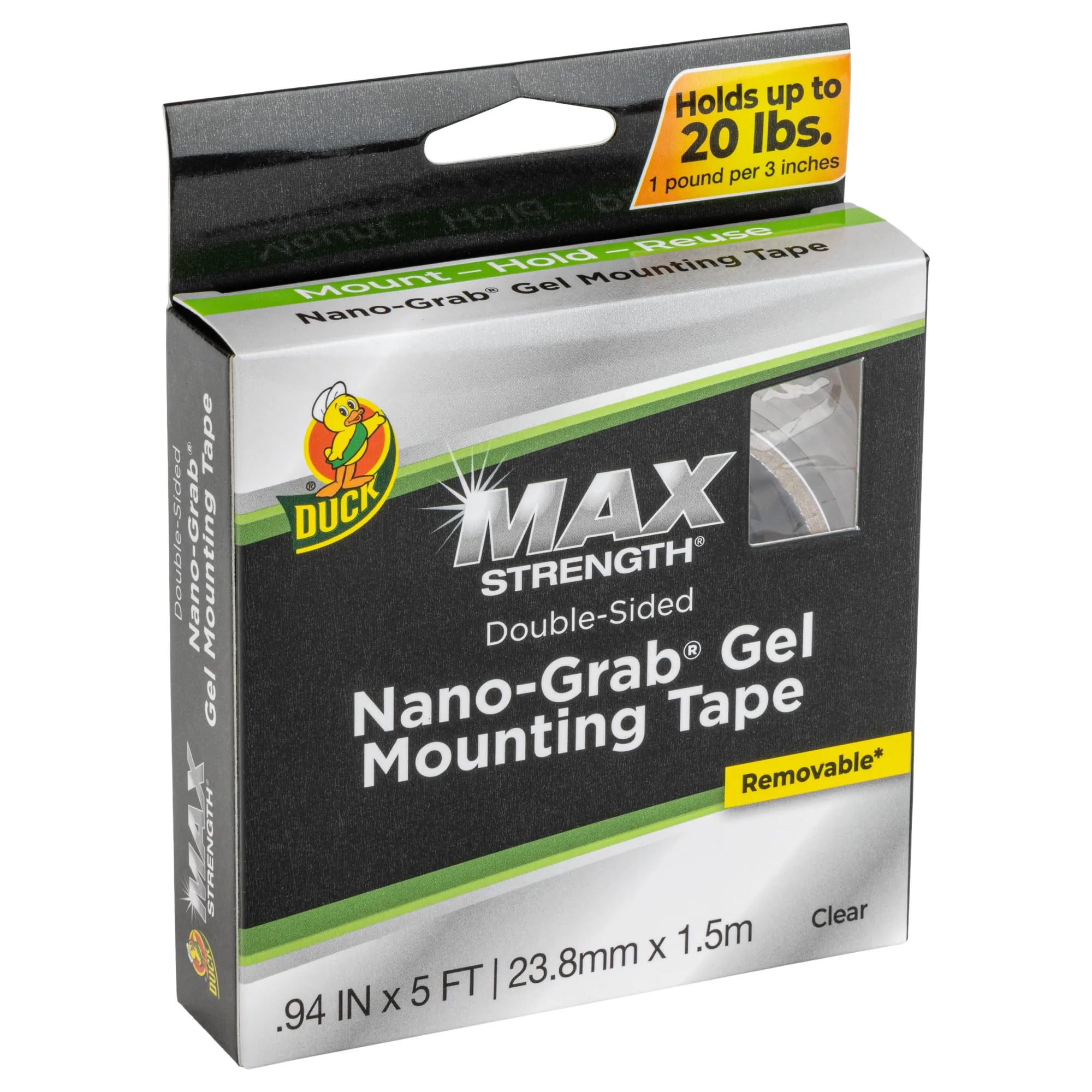 Duck Max Strength Nano-Grab Double-Sided Gel Tape, 0.94in x 5 ft, Clear, 1 Pack (287264)