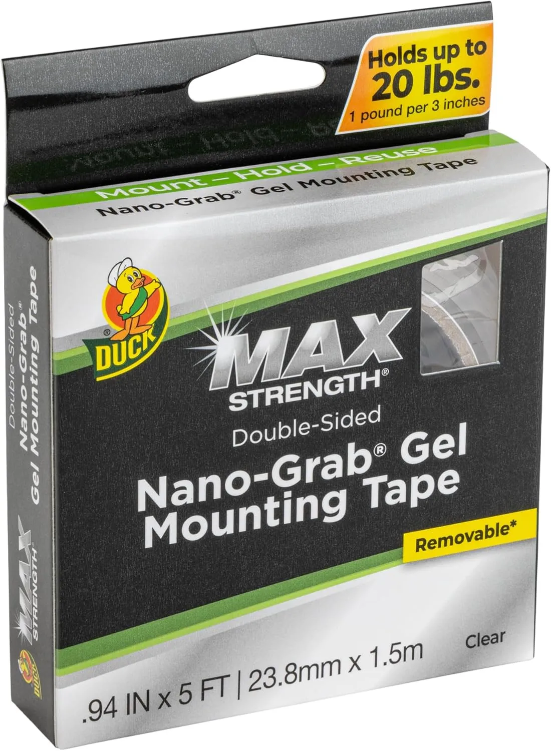Duck Max Strength Nano-Grab Double-Sided Gel Tape, 0.94in x 5 ft, Clear, 1 Pack (287264)