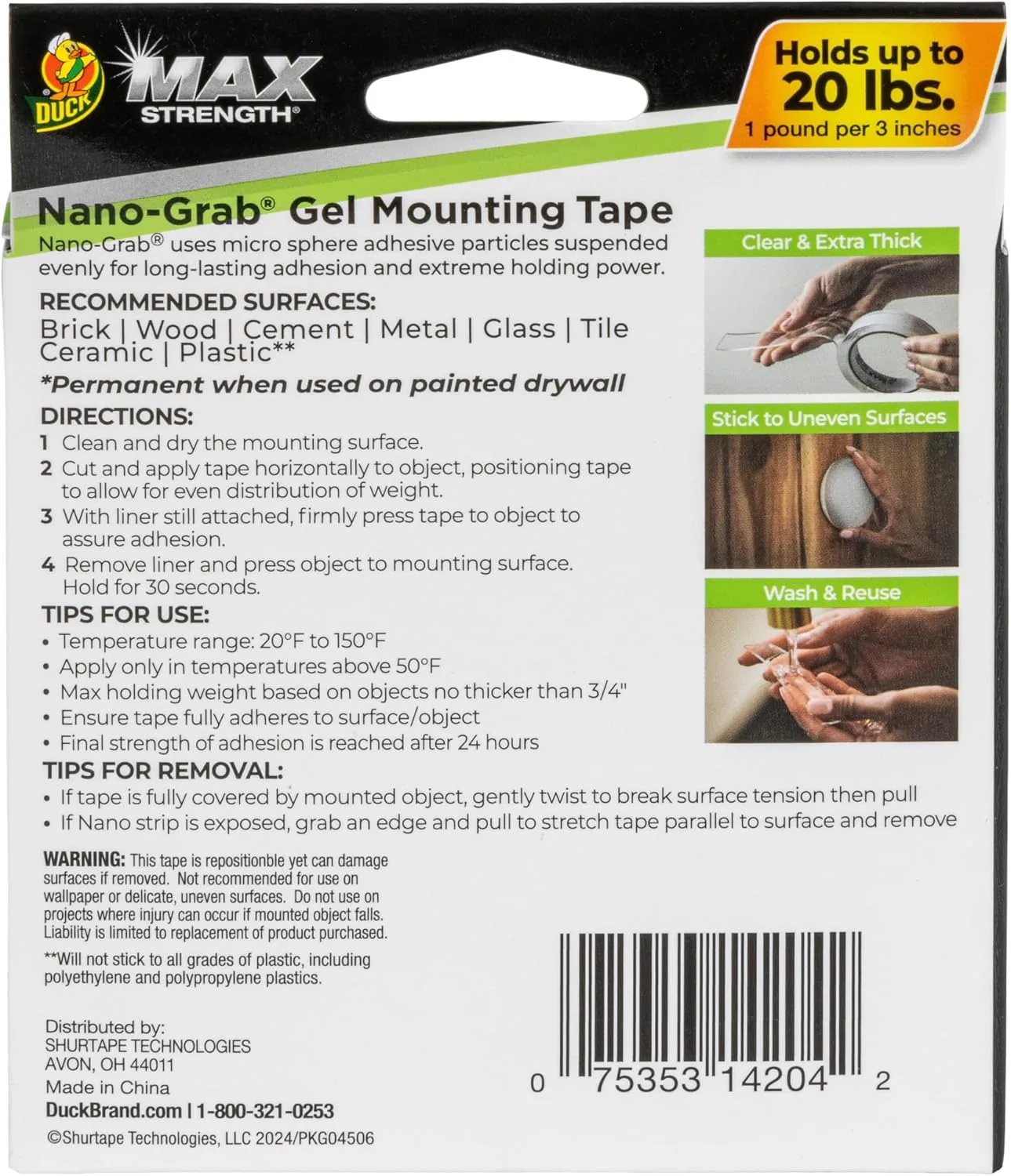 Duck Max Strength Nano-Grab Double-Sided Gel Tape, 0.94in x 5 ft, Clear, 1 Pack (287264)