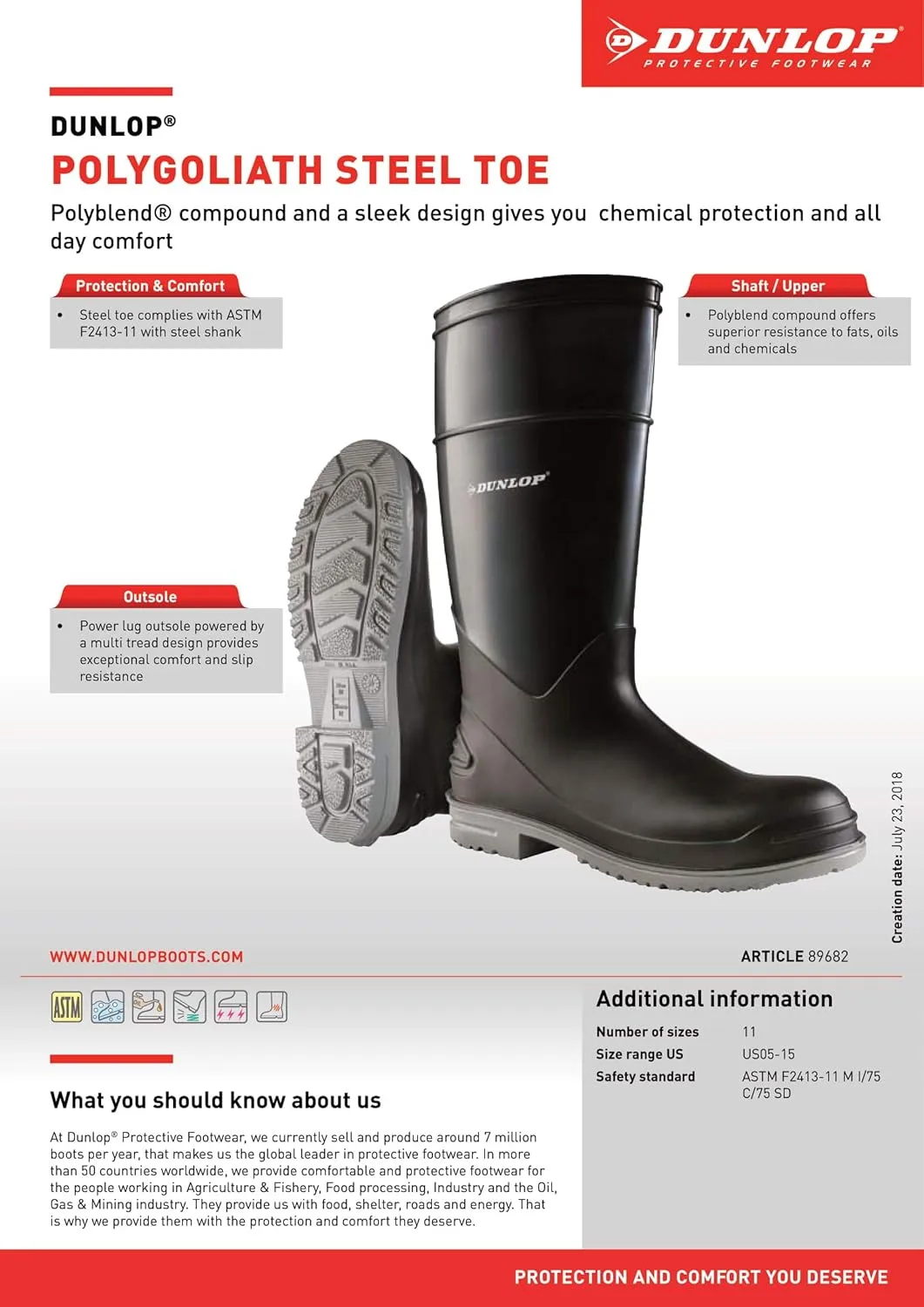 Dunlop Protective Footwear, Goliath Steel Toe, 100% Waterproof Polyblend PVC Material - Size 10 US