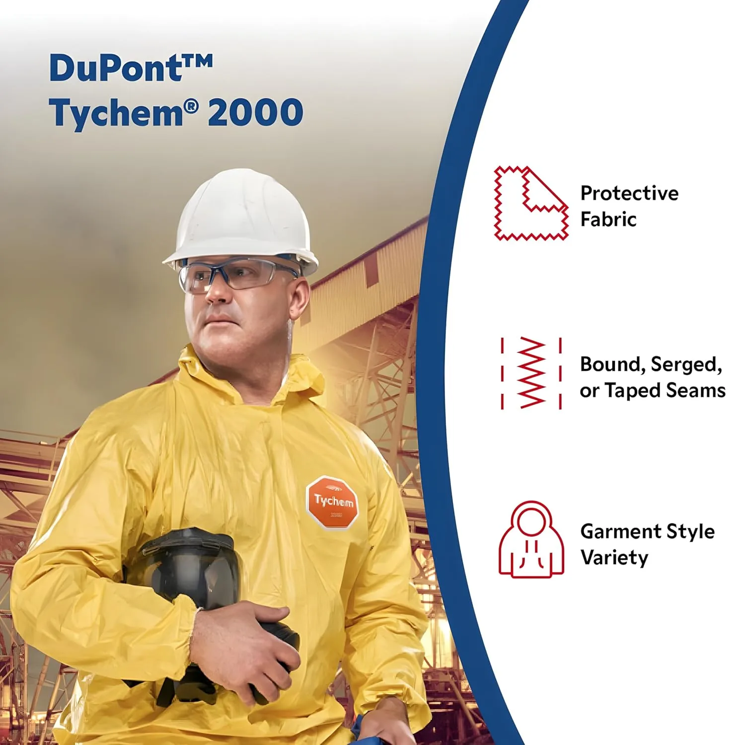 DuPont Tychem 2000 QC127S Disposable Chemical Resistant Coverall with Hood, Elastic Cuff and Serged Seams, Yellow