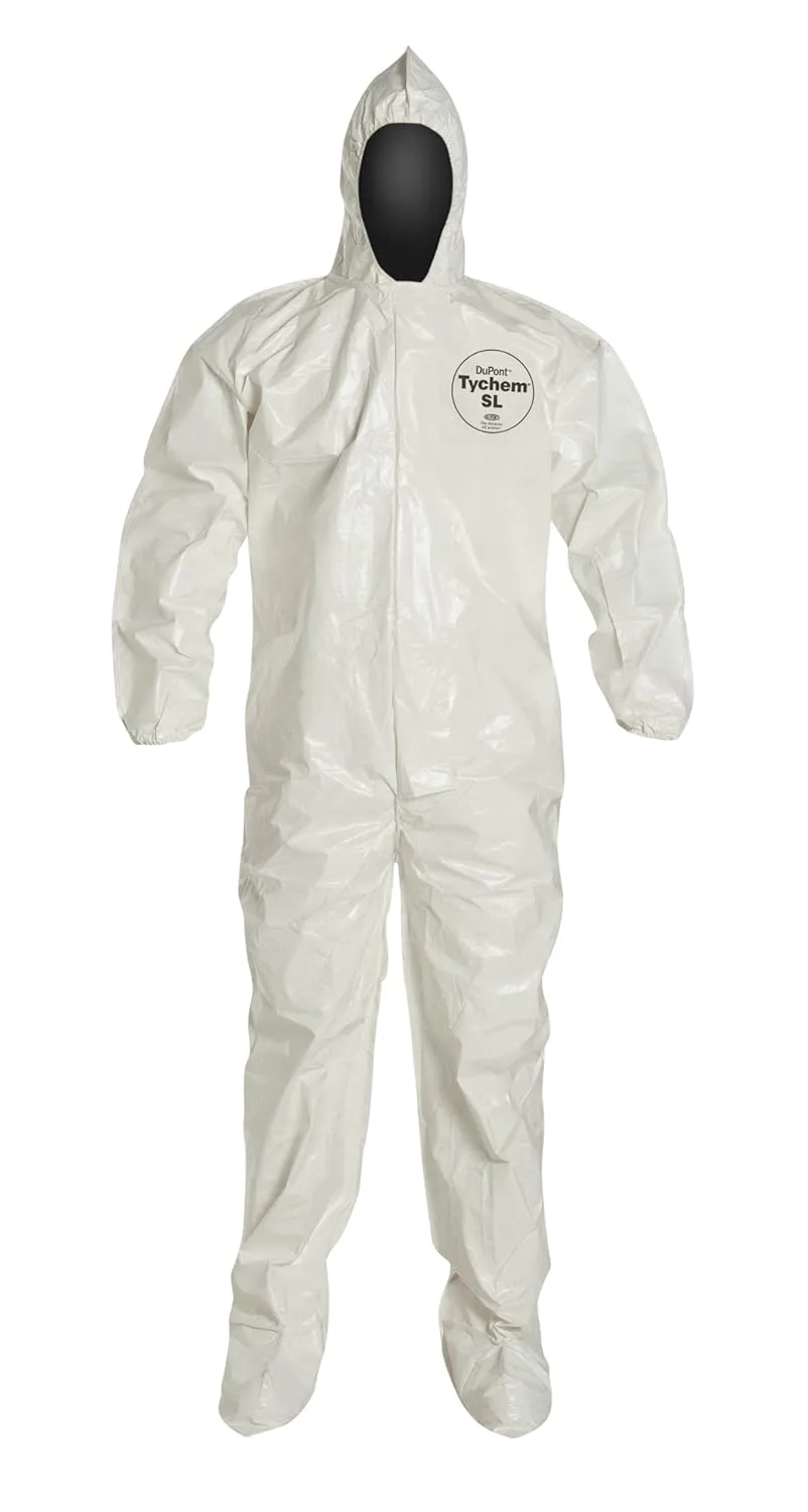 DuPont Tychem 4000 SL122B Chemical Resistant Coverall with Hood and Boots, Disposable, Bound Seams, Elastic Cuff, White