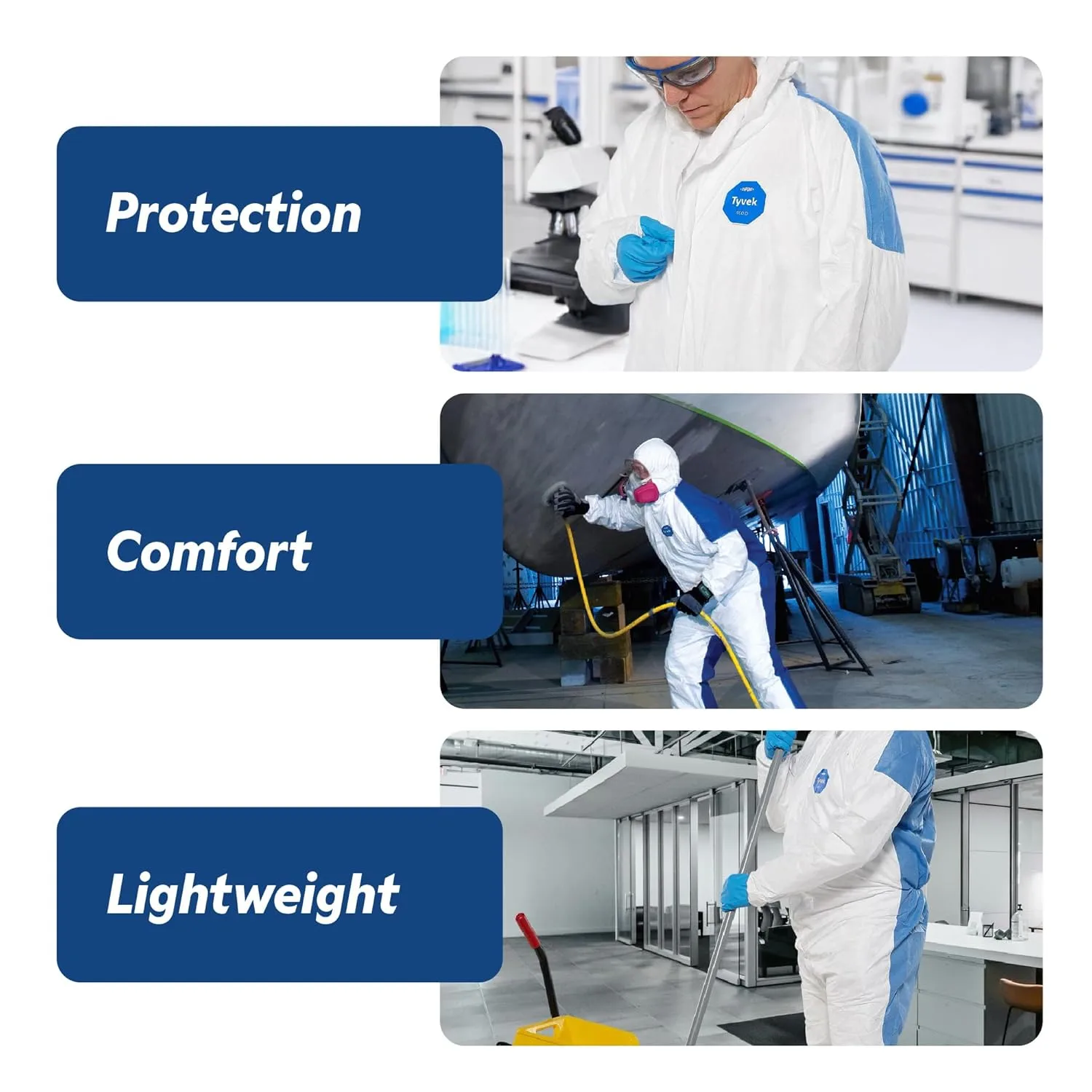 DuPont Tyvek 400D Protective Coverall with ProShield 10 Back, Zipper Front and Elastic Cuffs, White/Blue, X-Large, 25-Pack