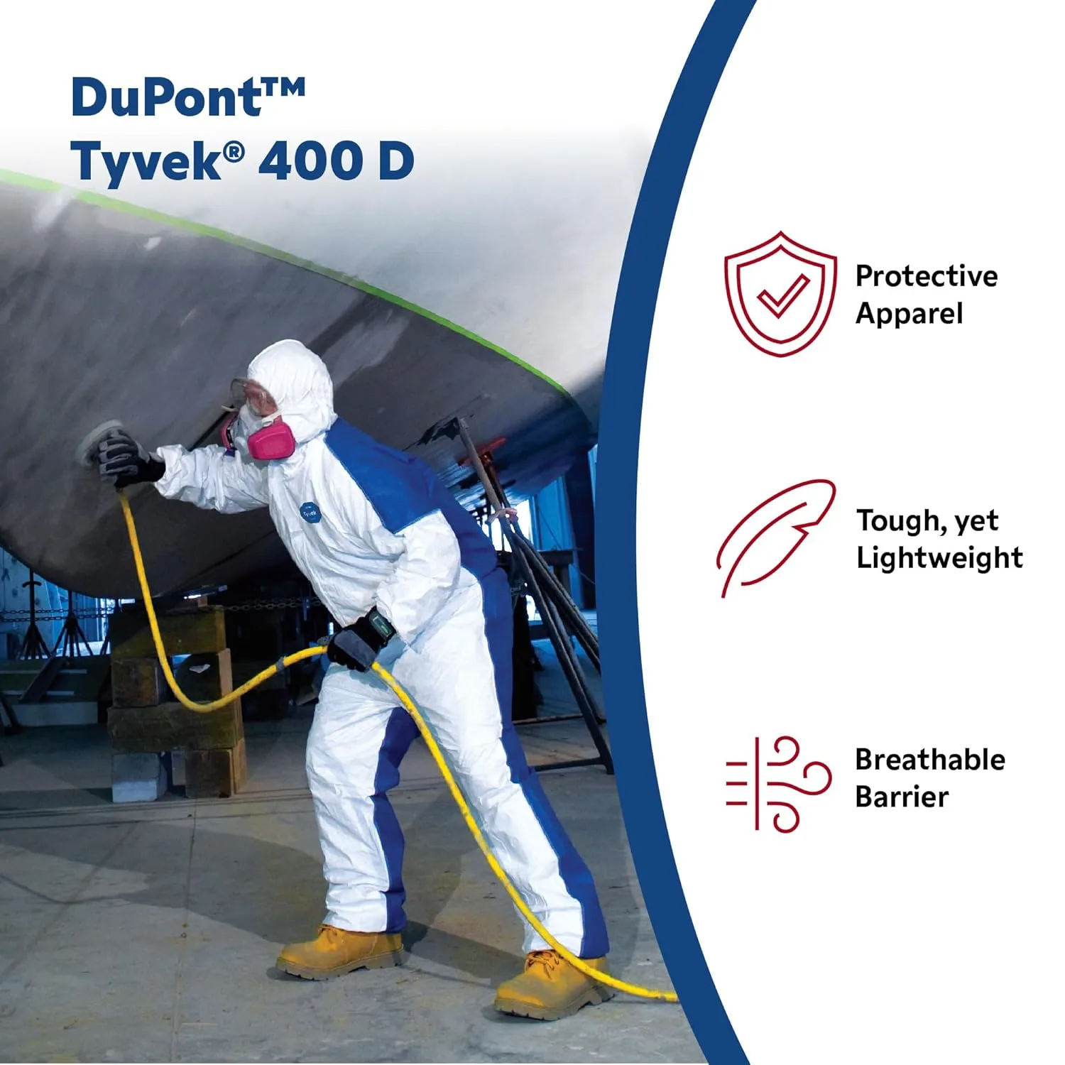 DuPont Tyvek 400D Protective Coverall with ProShield 10 Back, Zipper Front and Elastic Cuffs, White/Blue, X-Large, 25-Pack