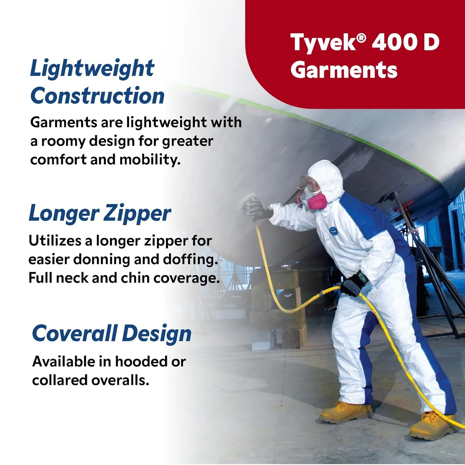 DuPont Tyvek 400D Protective Coverall with ProShield 10 Back, Zipper Front and Elastic Cuffs, White/Blue, X-Large, 25-Pack