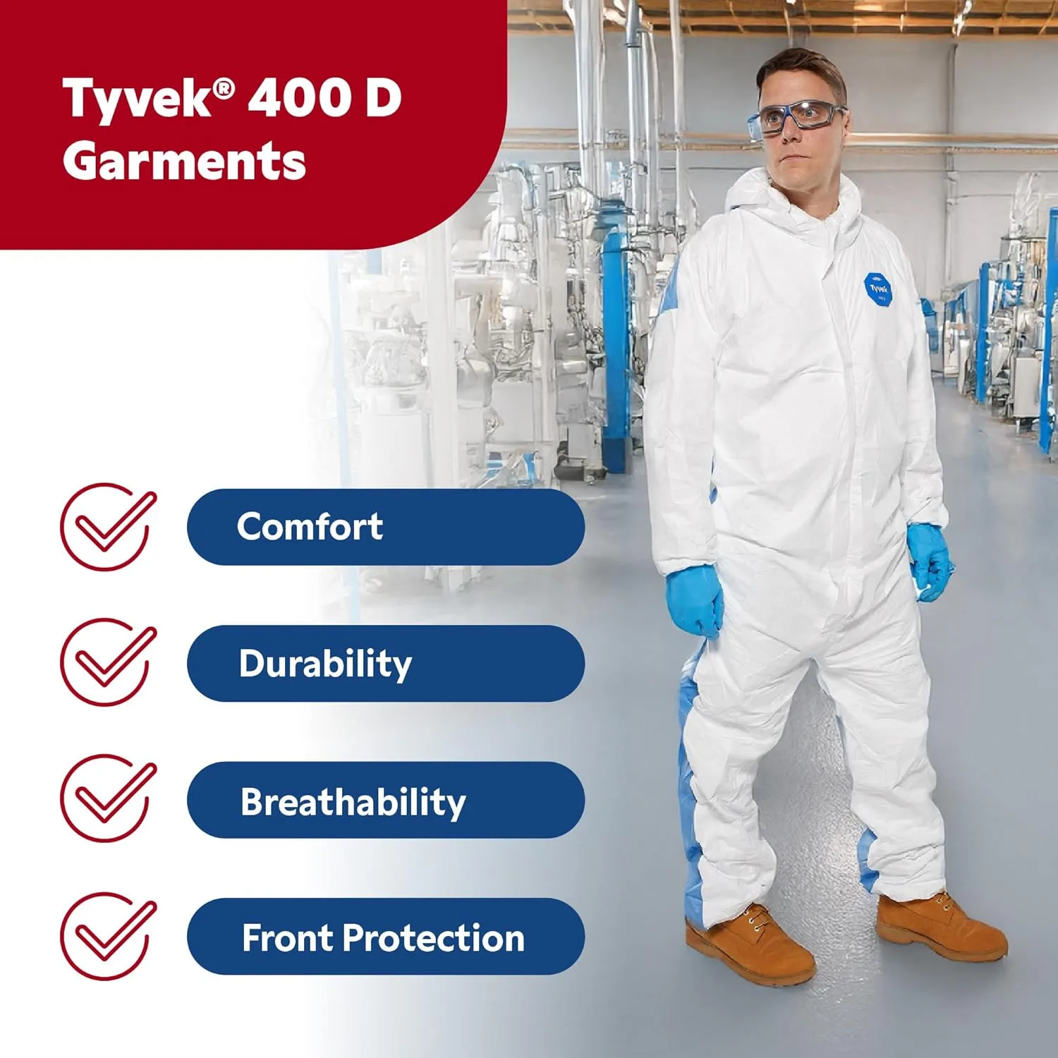 DuPont Tyvek 400D Protective Coverall with ProShield 10 Back, Zipper Front and Elastic Cuffs, White/Blue, X-Large, 25-Pack