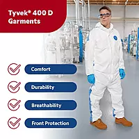 DuPont Tyvek 400D Protective Coverall with ProShield 10 Back, Zipper Front and Elastic Cuffs, White/Blue, X-Large, 25-Pack