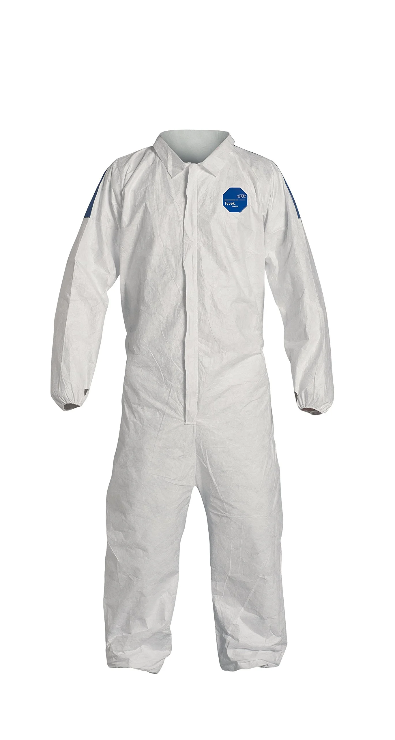DuPont Tyvek 400D Protective Coverall with ProShield 10 Back, Zipper Front and Elastic Cuffs, White/Blue, X-Large, 25-Pack