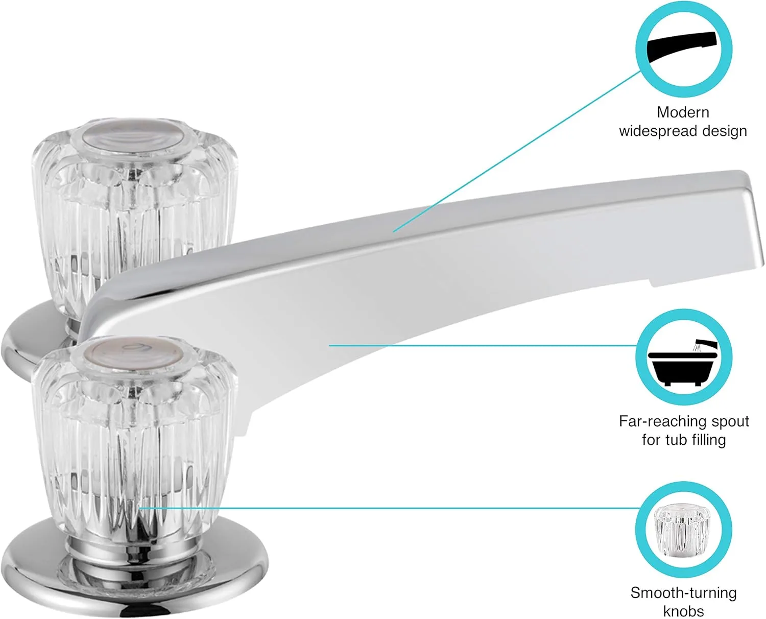 Dura Faucet Economical Widespread Garden Tub or Filler Faucet - Crystal Acrylic Knob Handles (Chrome Polished) Without Deckplat