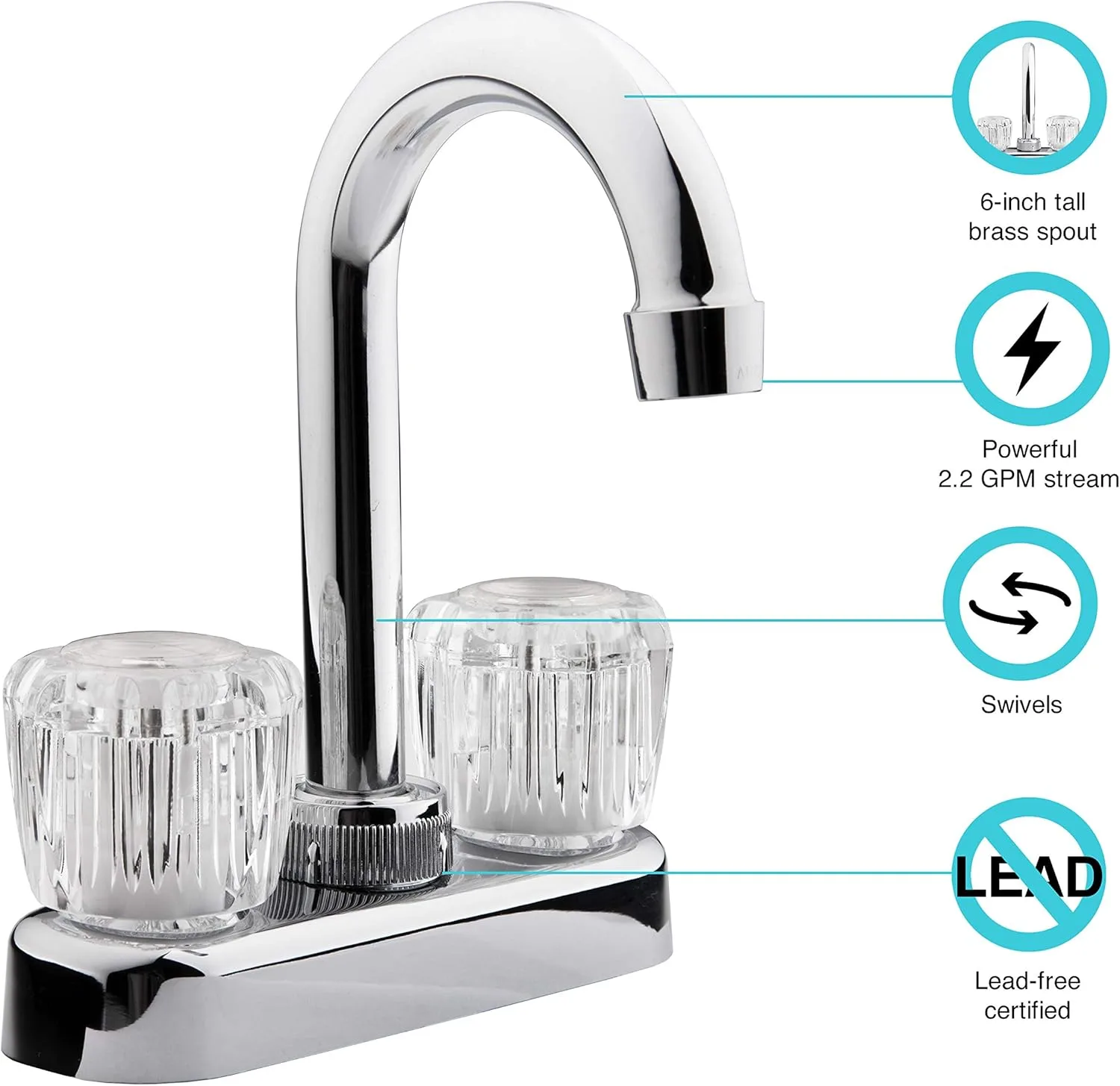Dura Faucet DF-PB150A-CP RV Swivel Bar Faucet with Clear Acrylic 2-Knobs - 6-inch Spout (Chrome)