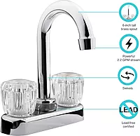 Dura Faucet DF-PB150A-CP RV Swivel Bar Faucet with Clear Acrylic 2-Knobs - 6-inch Spout (Chrome)