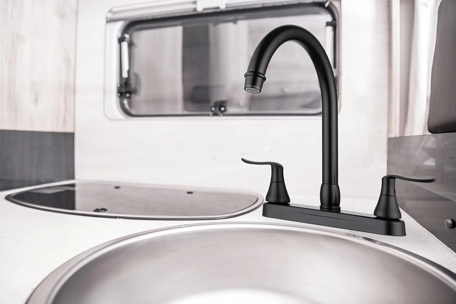 Dura Faucet DF-PK330HLH RV J-Spout Swivel Two-Handle Deck-Mount Kitchen Faucet