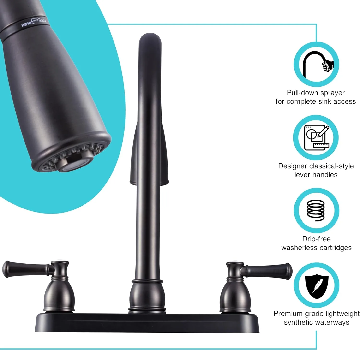 Dura Faucet DF-PK350L Non-Metallic Dual-Lever Pull-Down RV Kitchen Faucet