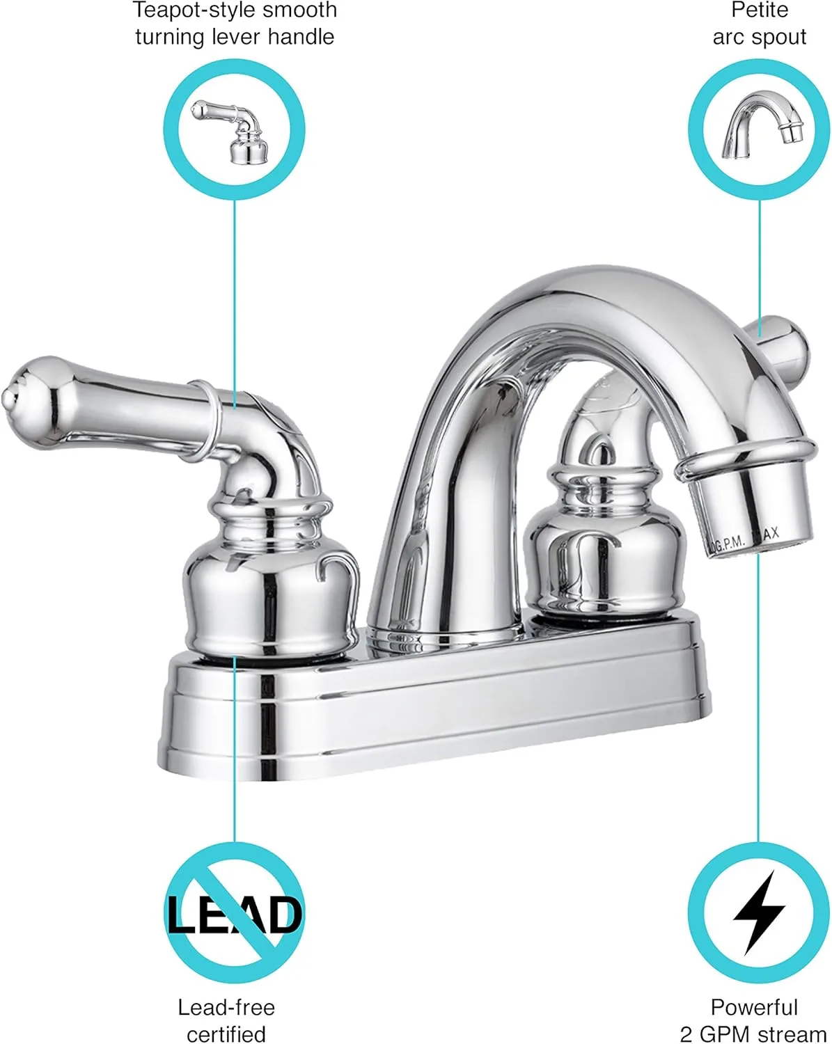 Dura Faucet DF-PL620C RV Bathroom Sink Faucet - Smooth Turning 2-Lever 4-Inch Centerset
