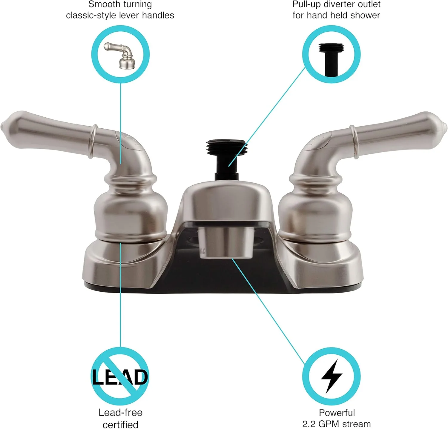 Dura Faucet DF-PL720C-SN RV Bathroom Faucet with Classical Handles and Shower Hose Diverter (Brushed Satin Nickel)