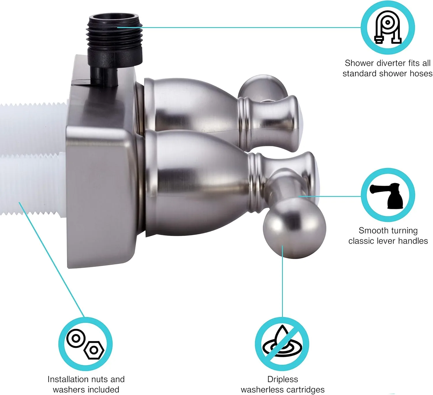 Dura Faucet DF-SA100L-SN RV Shower Faucet Valve Diverter with Hot/Cold Handles (Brushed Satin Nickel)