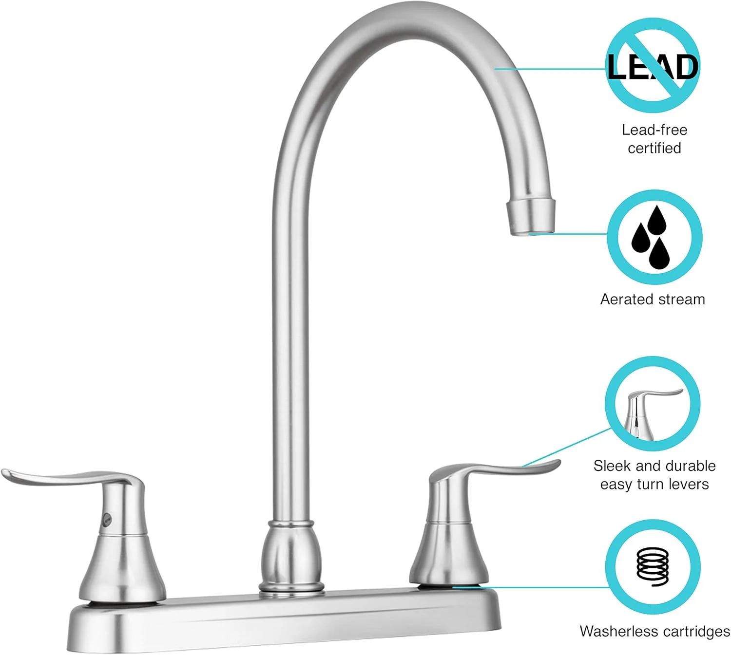 Dura Faucet DF-PK330HLH RV J-Spout Swivel Two-Handle Deck-Mount Kitchen Faucet
