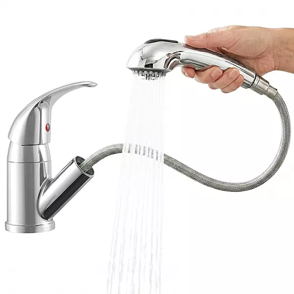 Dura Faucet DF-NMK852-CP RV Pull-Out Swivel Single Handle Kitchen Sink Faucet - One-Hole (Chrome)