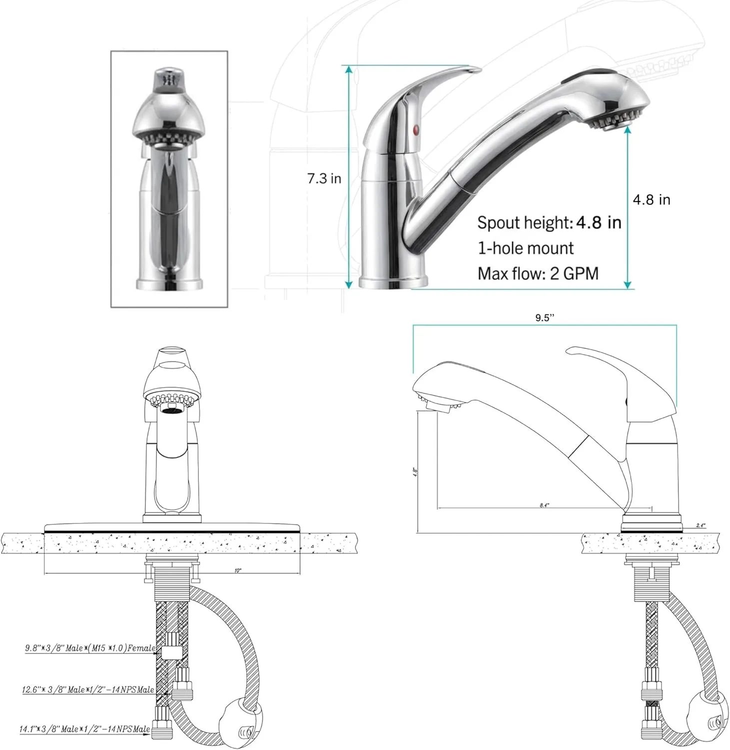Dura Faucet DF-NMK852-CP RV Pull-Out Swivel Single Handle Kitchen Sink Faucet - One-Hole (Chrome)