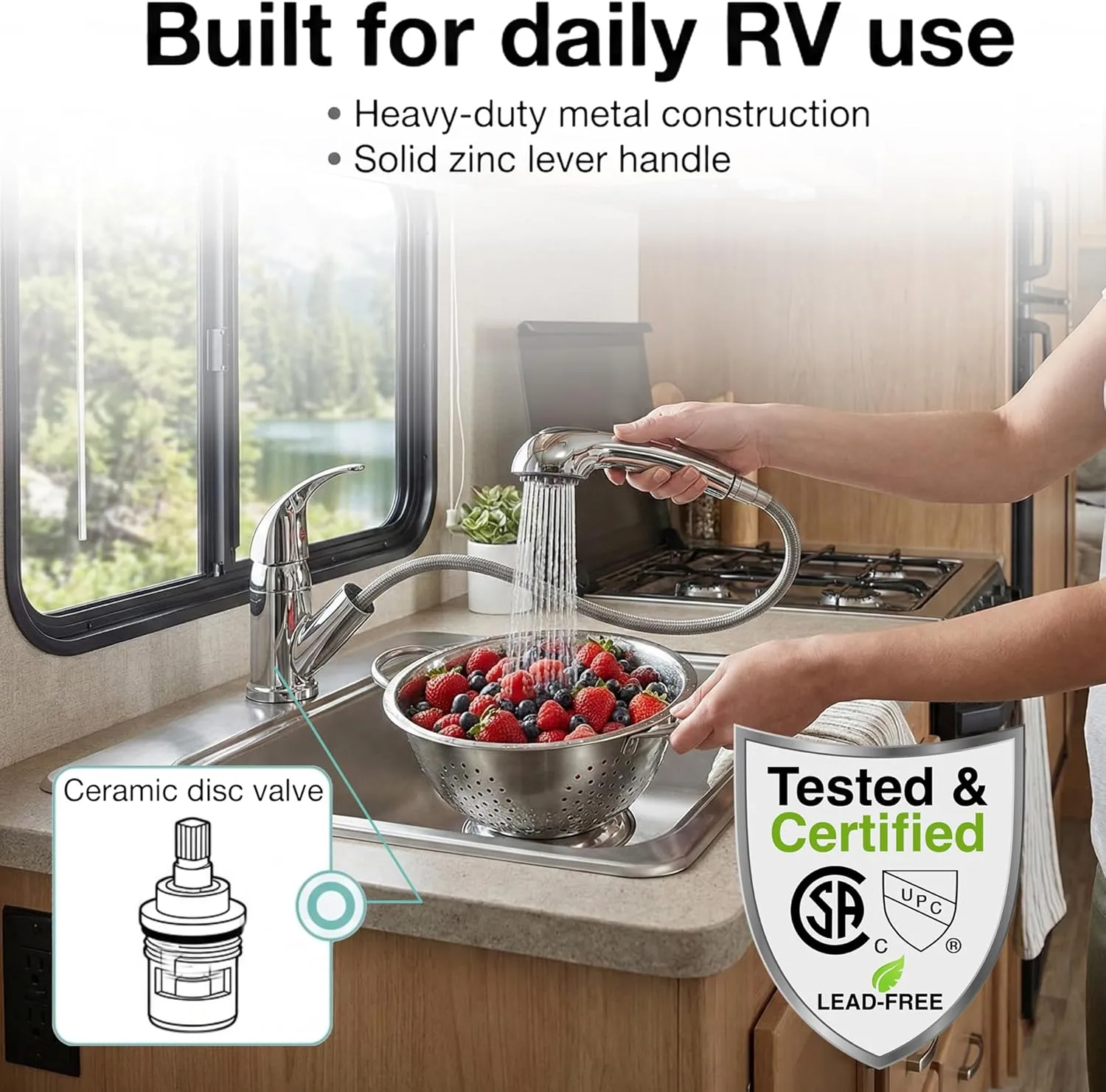 Dura Faucet DF-NMK852-CP RV Pull-Out Swivel Single Handle Kitchen Sink Faucet - One-Hole (Chrome)