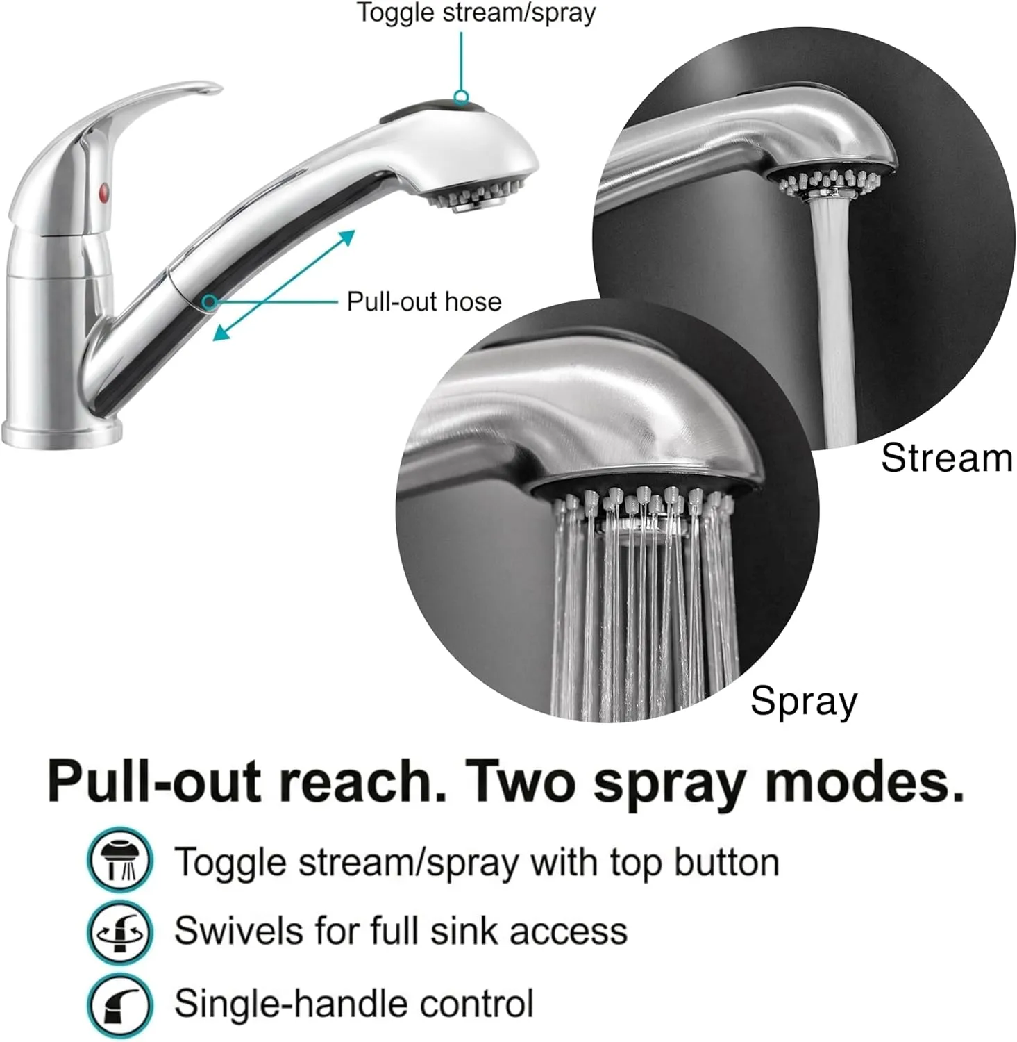 Dura Faucet DF-NMK852-CP RV Pull-Out Swivel Single Handle Kitchen Sink Faucet - One-Hole (Chrome)