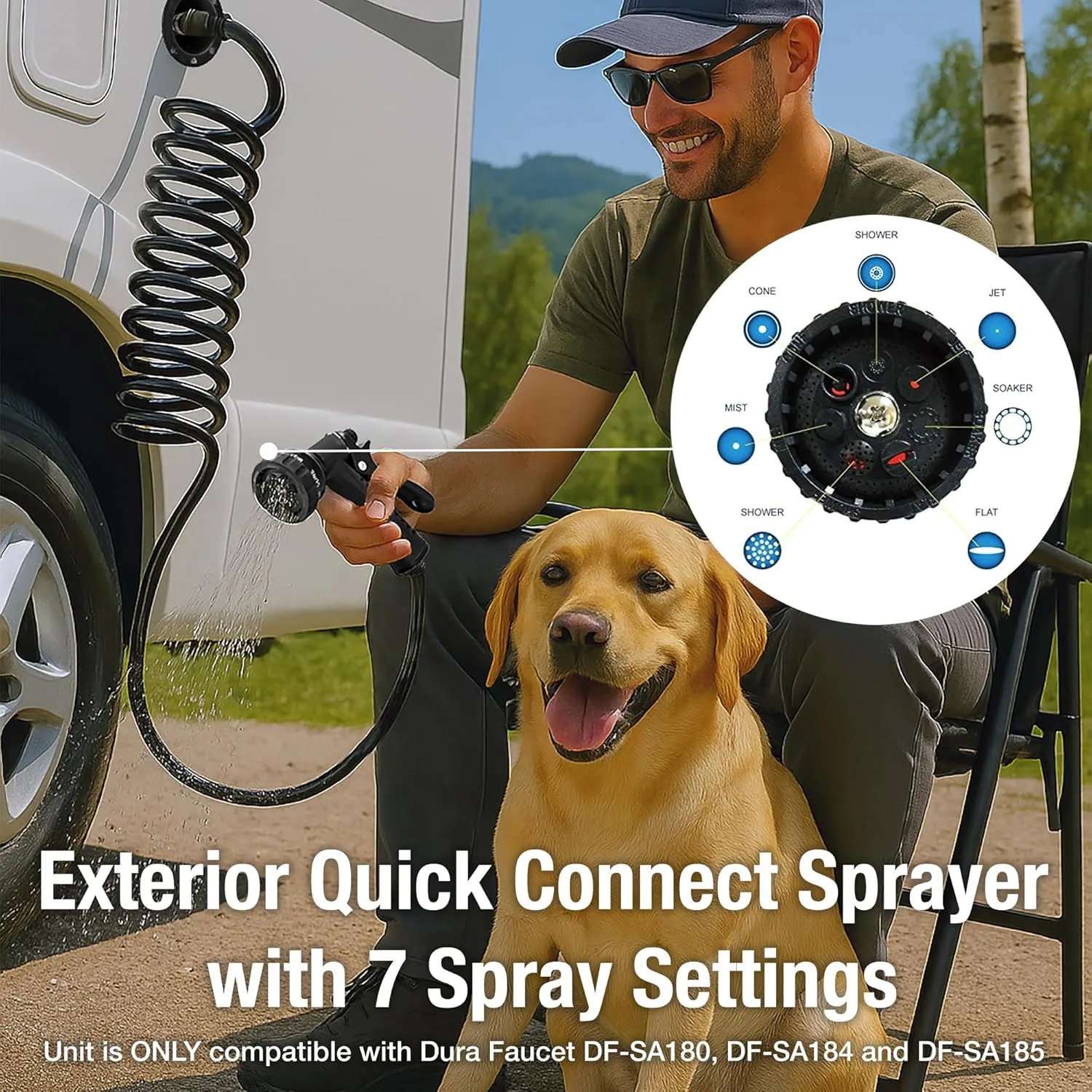 Dura Faucet DF-SA187-BK RV Exterior Quick Connect Sprayer with 7 Spray Settings and Coiled Hose Kit (Black)