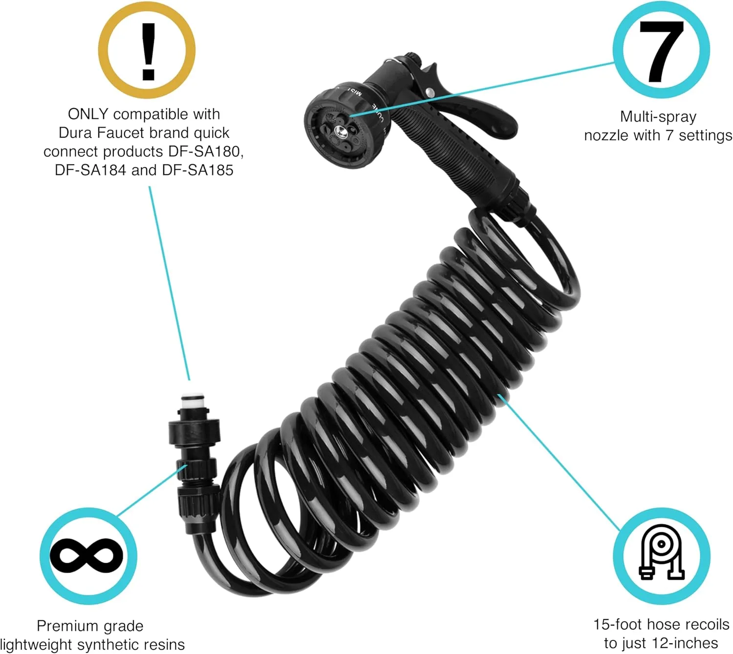 Dura Faucet DF-SA187-BK RV Exterior Quick Connect Sprayer with 7 Spray Settings and Coiled Hose Kit (Black)