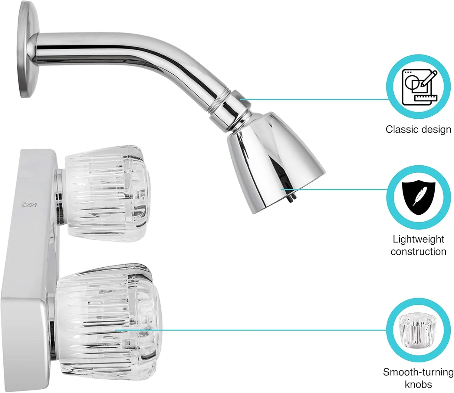 Dura Faucet Economical Shower Faucet with Classic Clear Acrylic Knobs and Shower Head (Chrome Polished)
