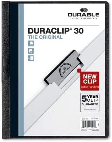 Vinyl DuraClip Report Cover w/Clip, Letter, Holds 30 Pages, Clear/Black, 25/Box