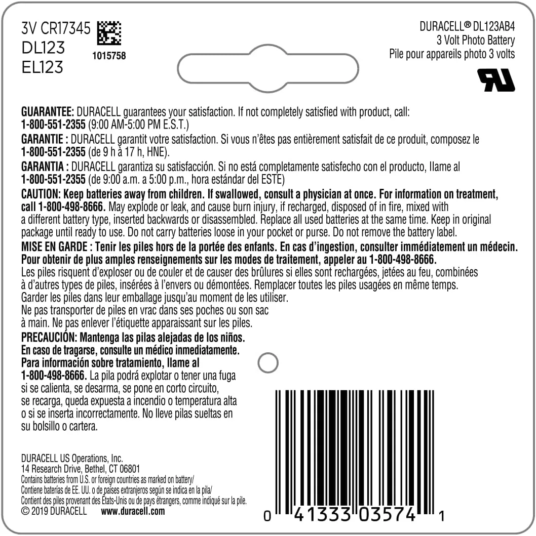 Duracell CR123A 3V High Power Lithium Battery
