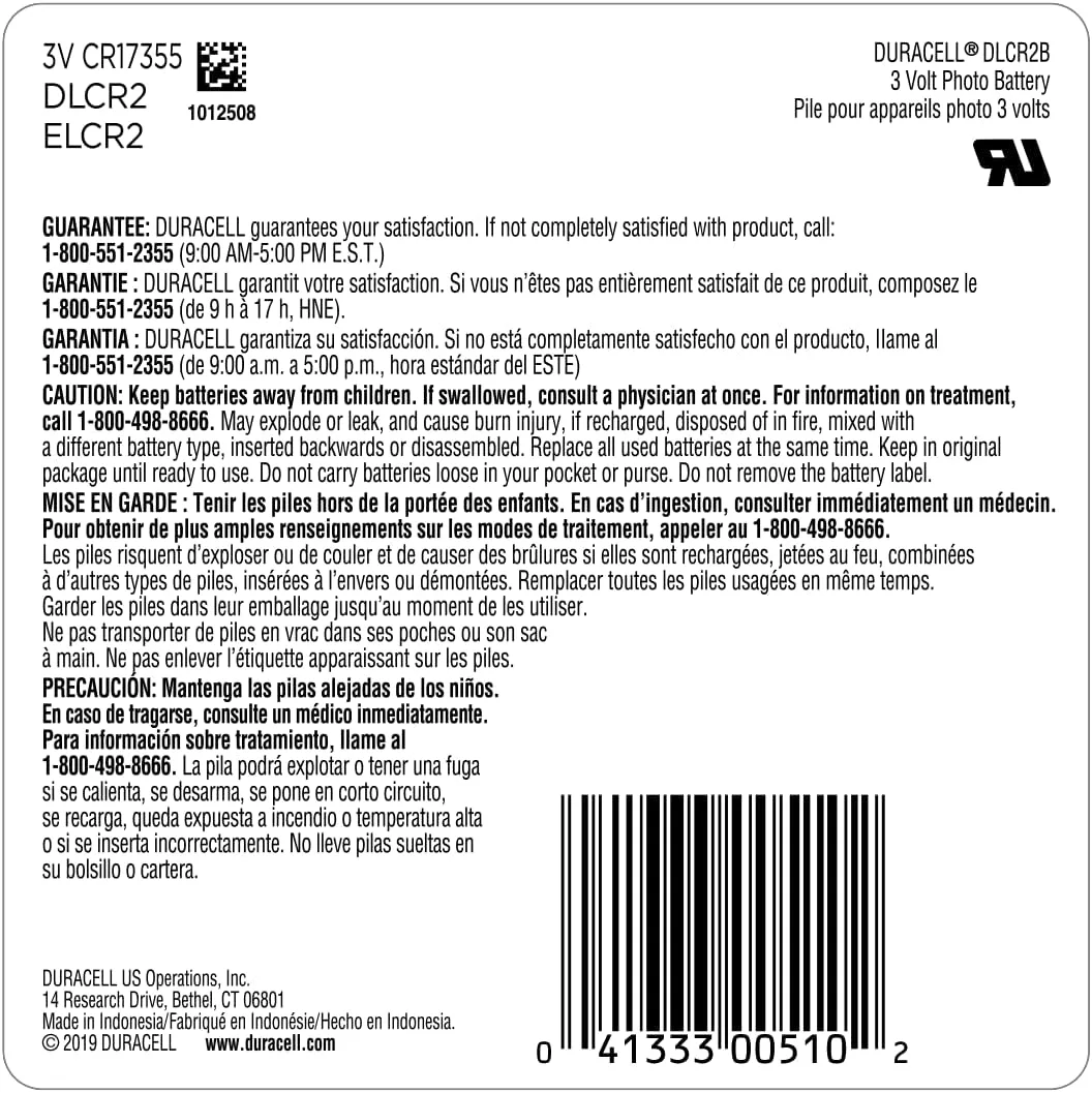 Duracell CR2 3V Lithium Batteries, High Power, Pack of 2