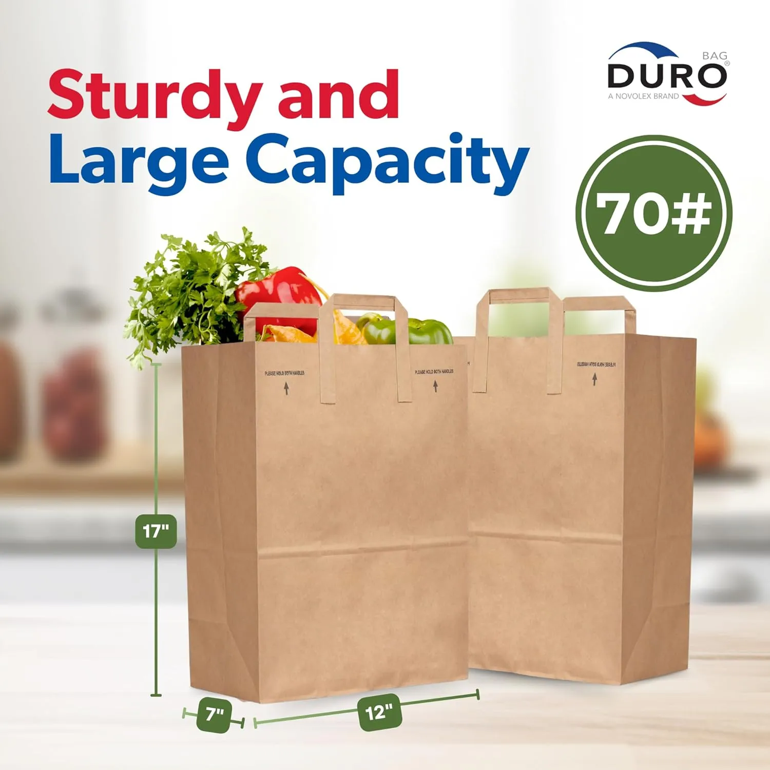 Duro 70# Large Brown Paper Shopping Bags with Handles Bulk, 300 Pcs 12x7x17 - Heavy Duty Restaurant Takeout/To Go Bags