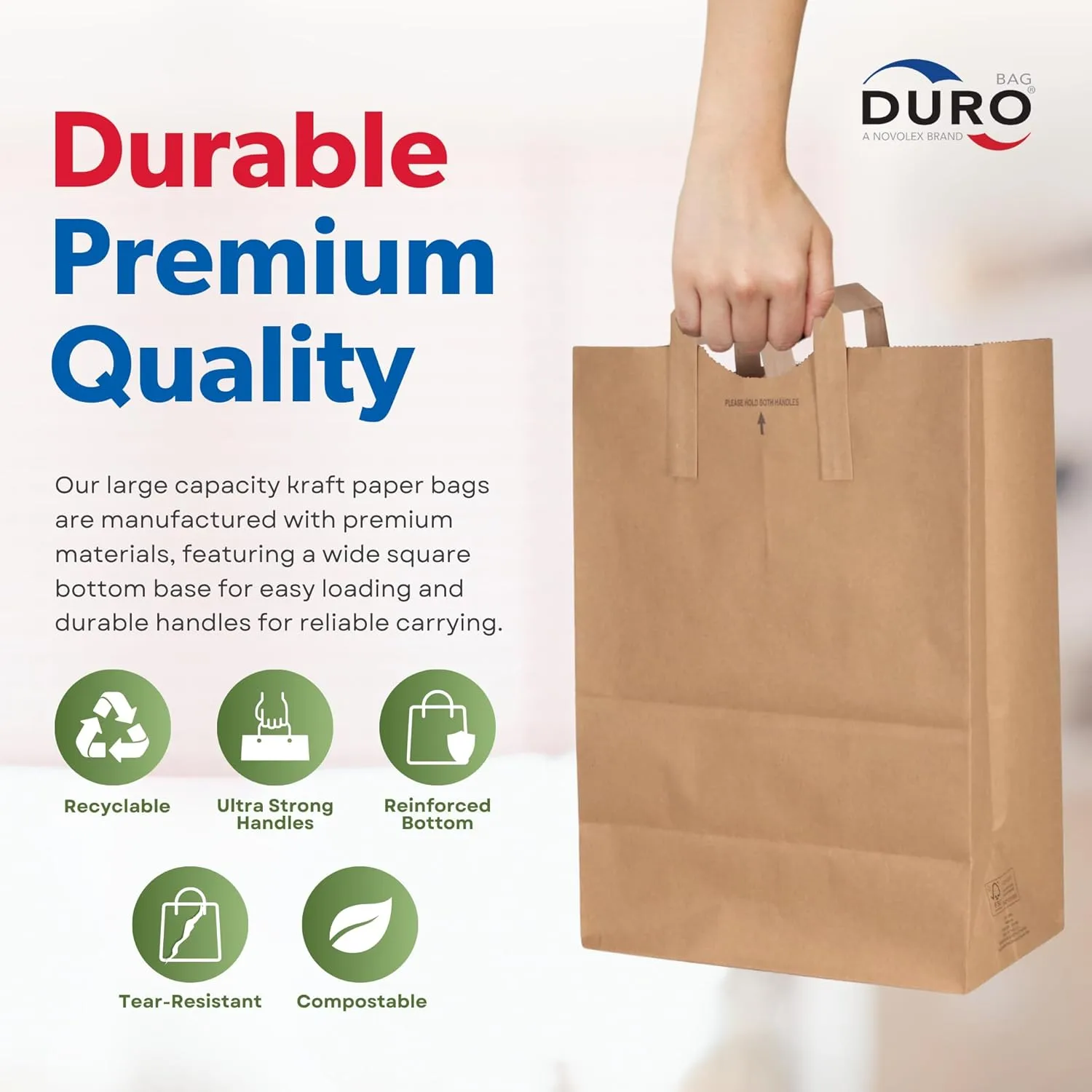 Duro 70# Large Brown Paper Shopping Bags with Handles Bulk, 300 Pcs 12x7x17 - Heavy Duty Restaurant Takeout/To Go Bags