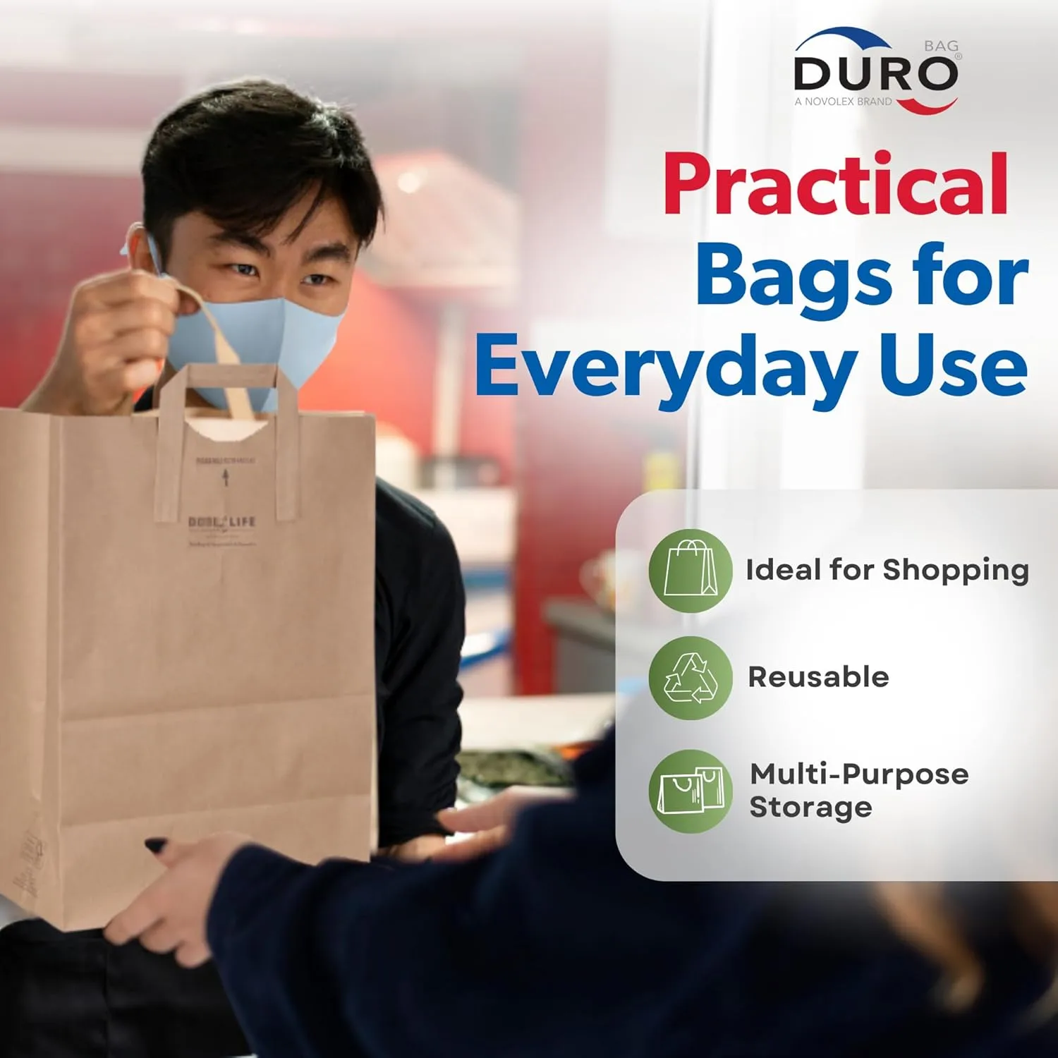Duro 70# Large Brown Paper Shopping Bags with Handles Bulk, 300 Pcs 12x7x17 - Heavy Duty Restaurant Takeout/To Go Bags