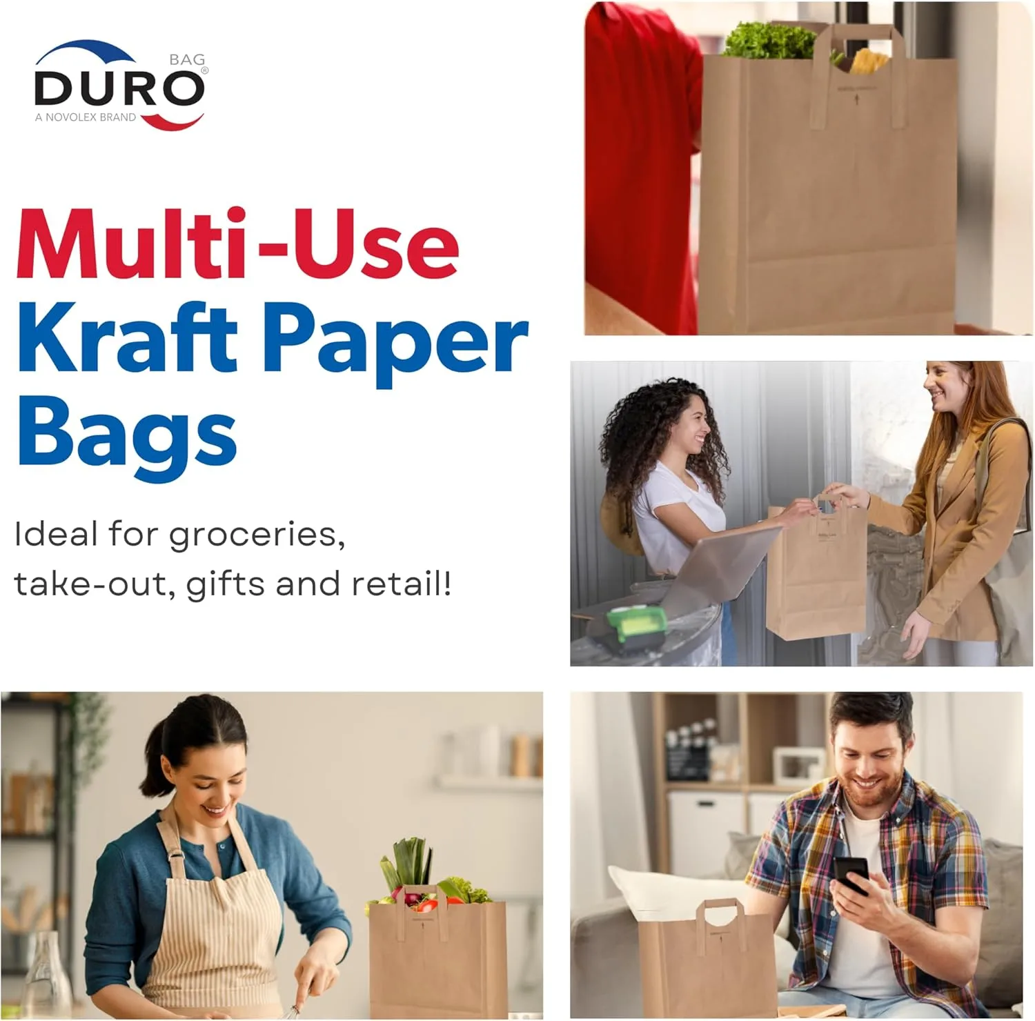 Duro 70# Large Brown Paper Shopping Bags with Handles Bulk, 300 Pcs 12x7x17 - Heavy Duty Restaurant Takeout/To Go Bags