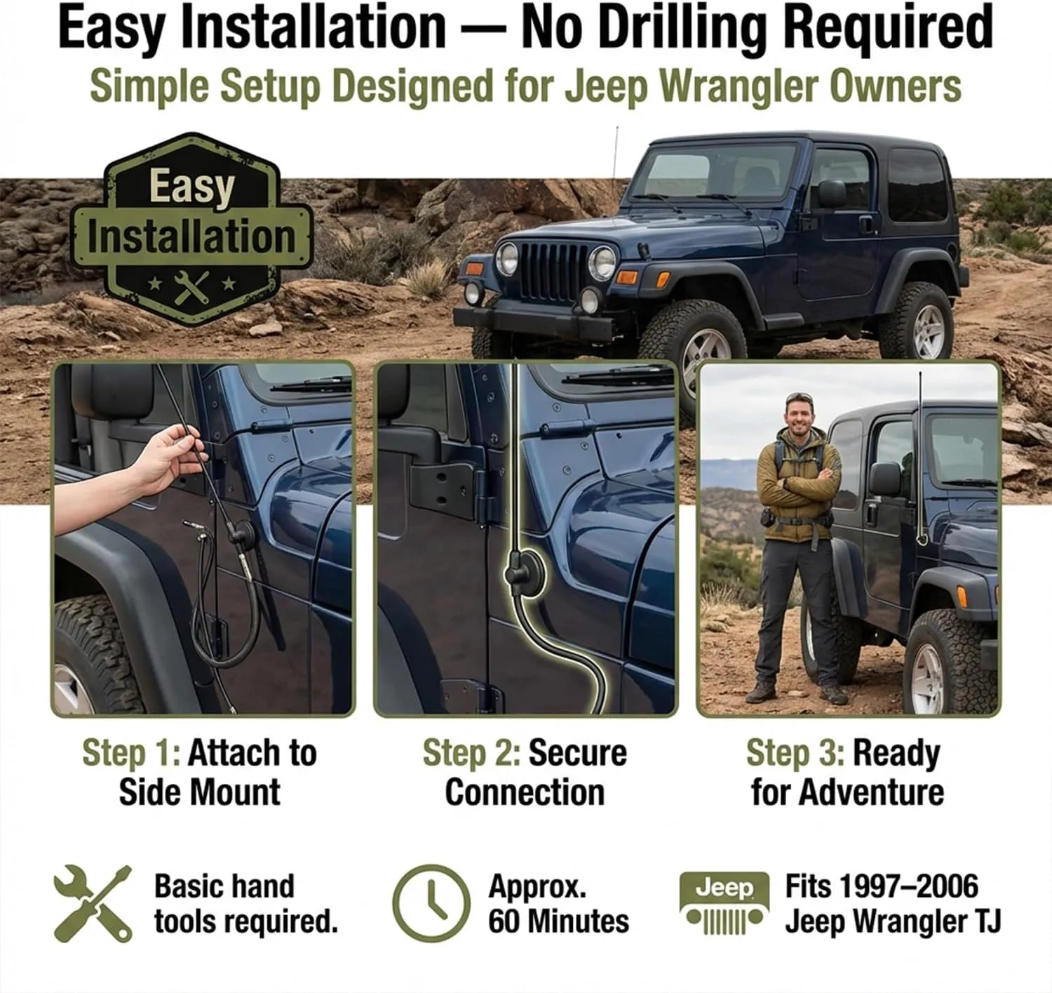 DV8 Offroad Full Size Car Antenna Compatible with Jeep Wrangler TJ (1997-2006) - 31 Inch Stainless Steel Radio Antenna Mast