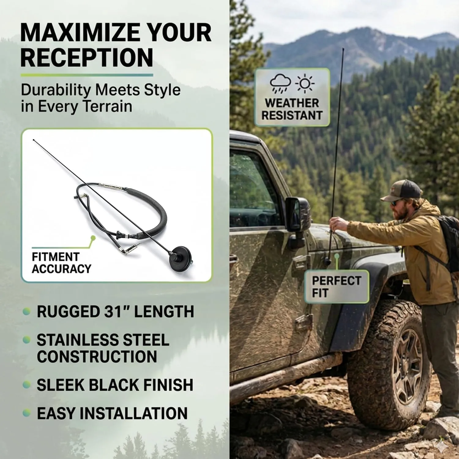 DV8 Offroad Full Size Car Antenna Compatible with Jeep Wrangler TJ (1997-2006) - 31 Inch Stainless Steel Radio Antenna Mast