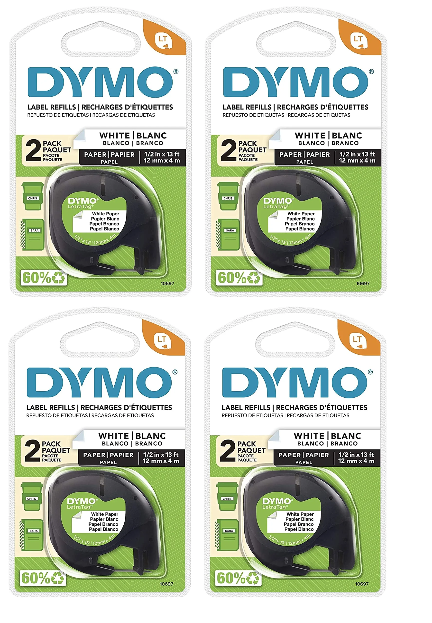 DYMO 10697 Black on White Label Tape, 0.5in x 13ft, 2-Pack