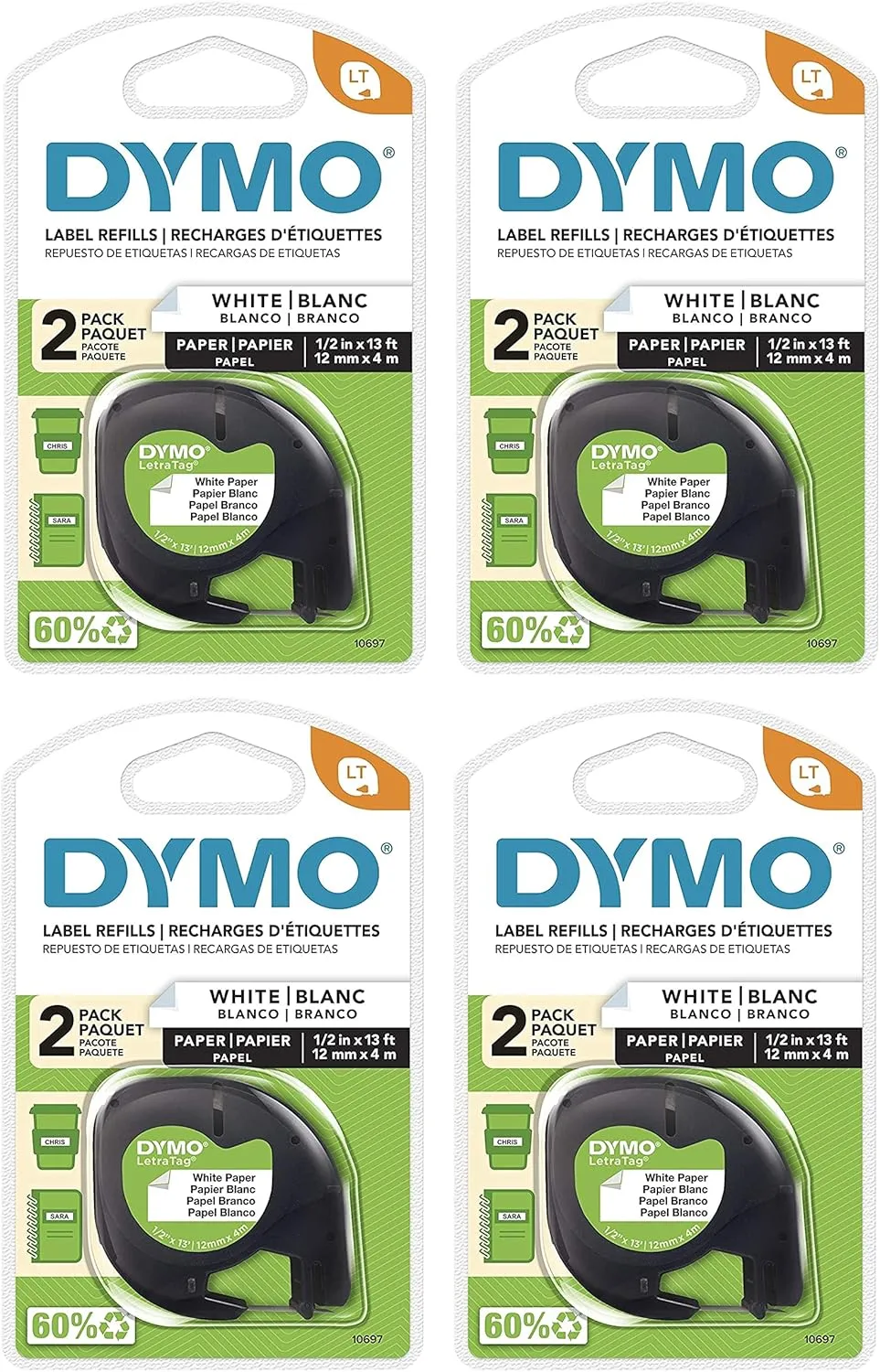 DYMO 10697 Black on White Label Tape, 0.5in x 13ft, 2-Pack