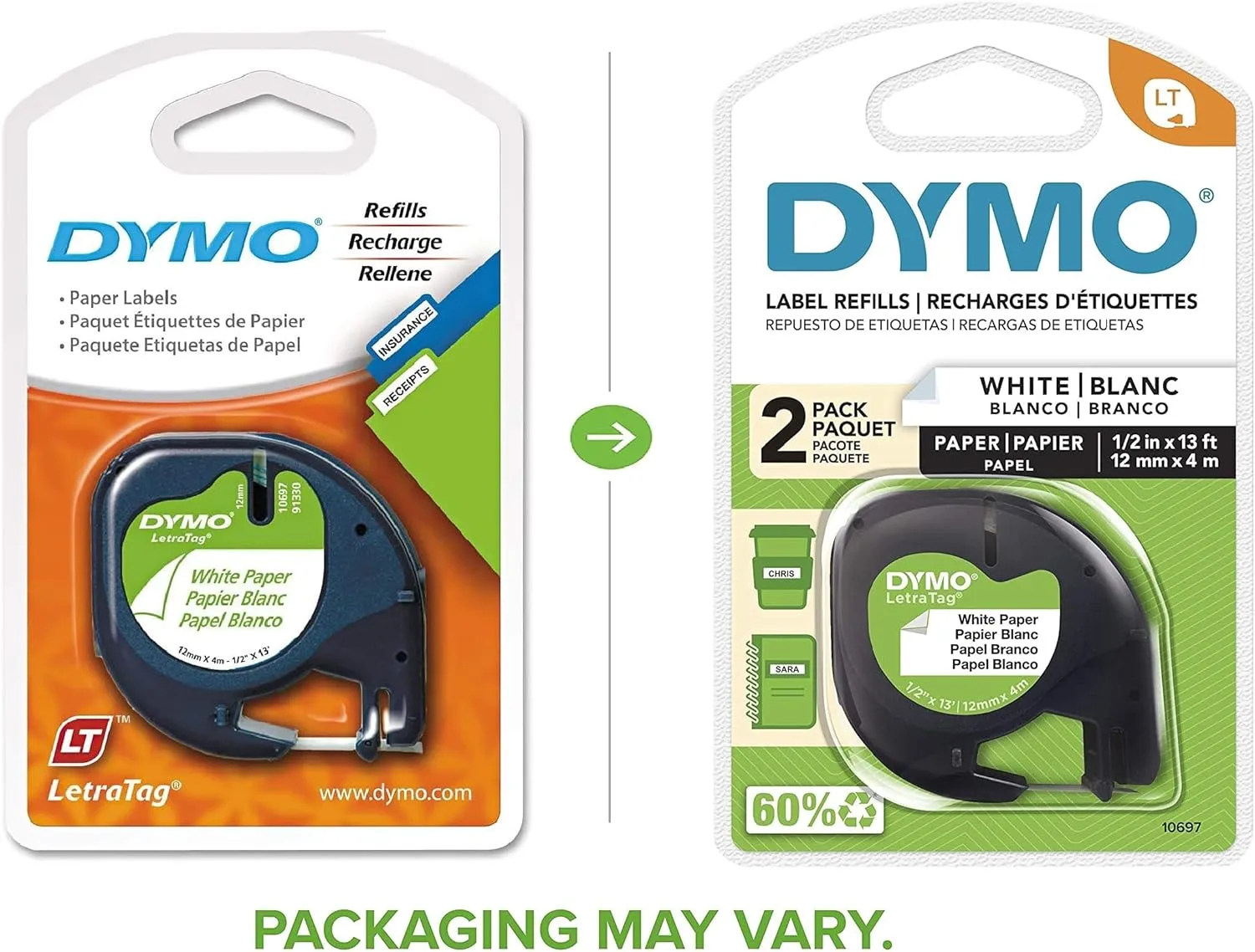 DYMO 10697 Black on White Label Tape, 0.5in x 13ft, 2-Pack