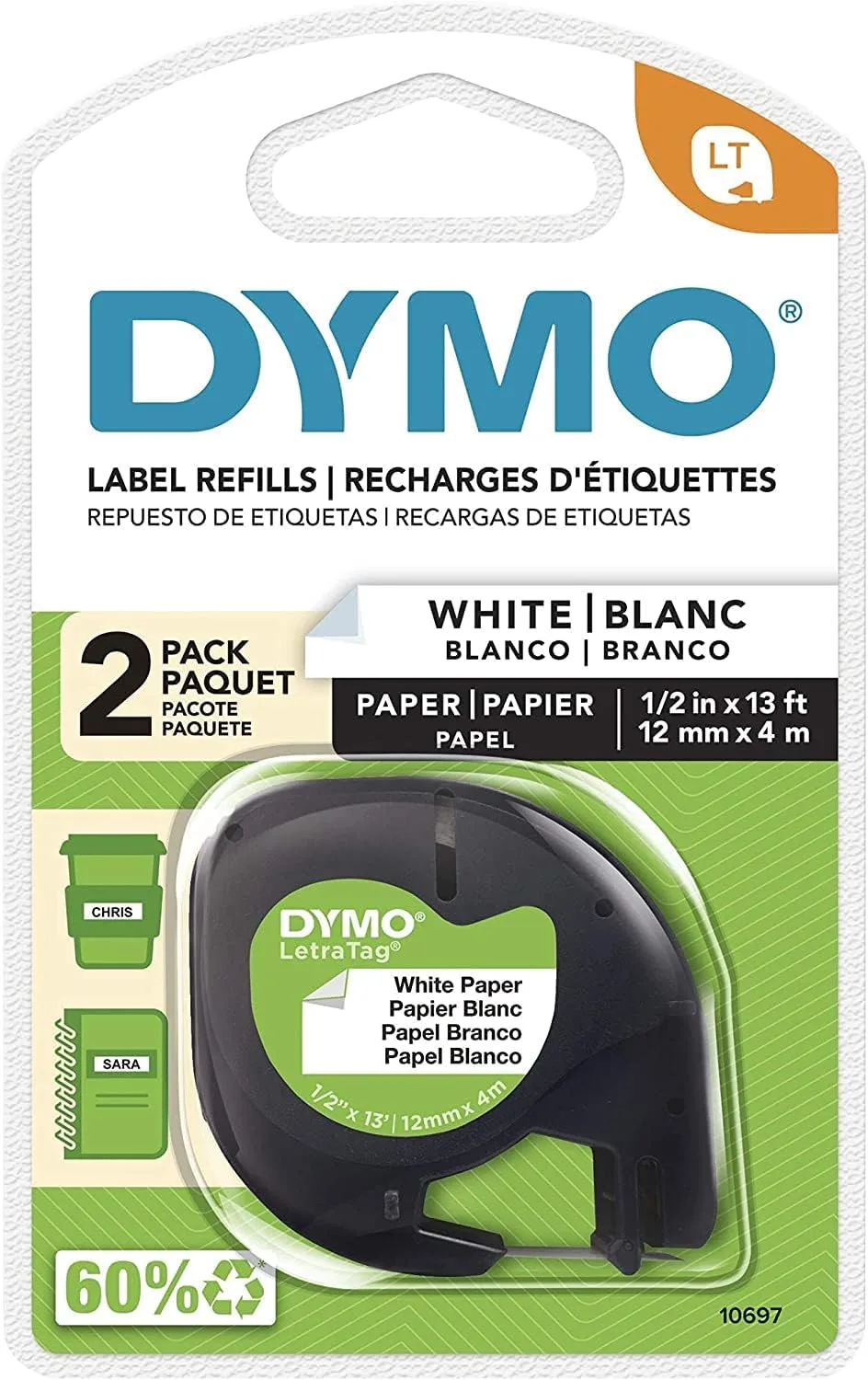 DYMO 10697 Black on White Label Tape, 0.5in x 13ft, 2-Pack