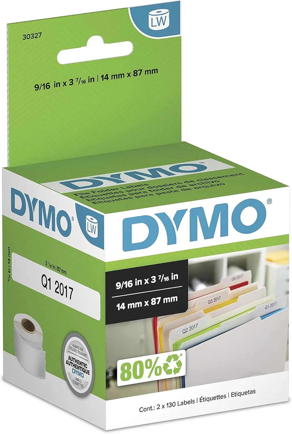 DYMO Authentic LW 1-Up File Folder Labels DYMO Labels for LabelWriter Label Printers White 9/16" x 3-7/16" 2 Rolls of 130