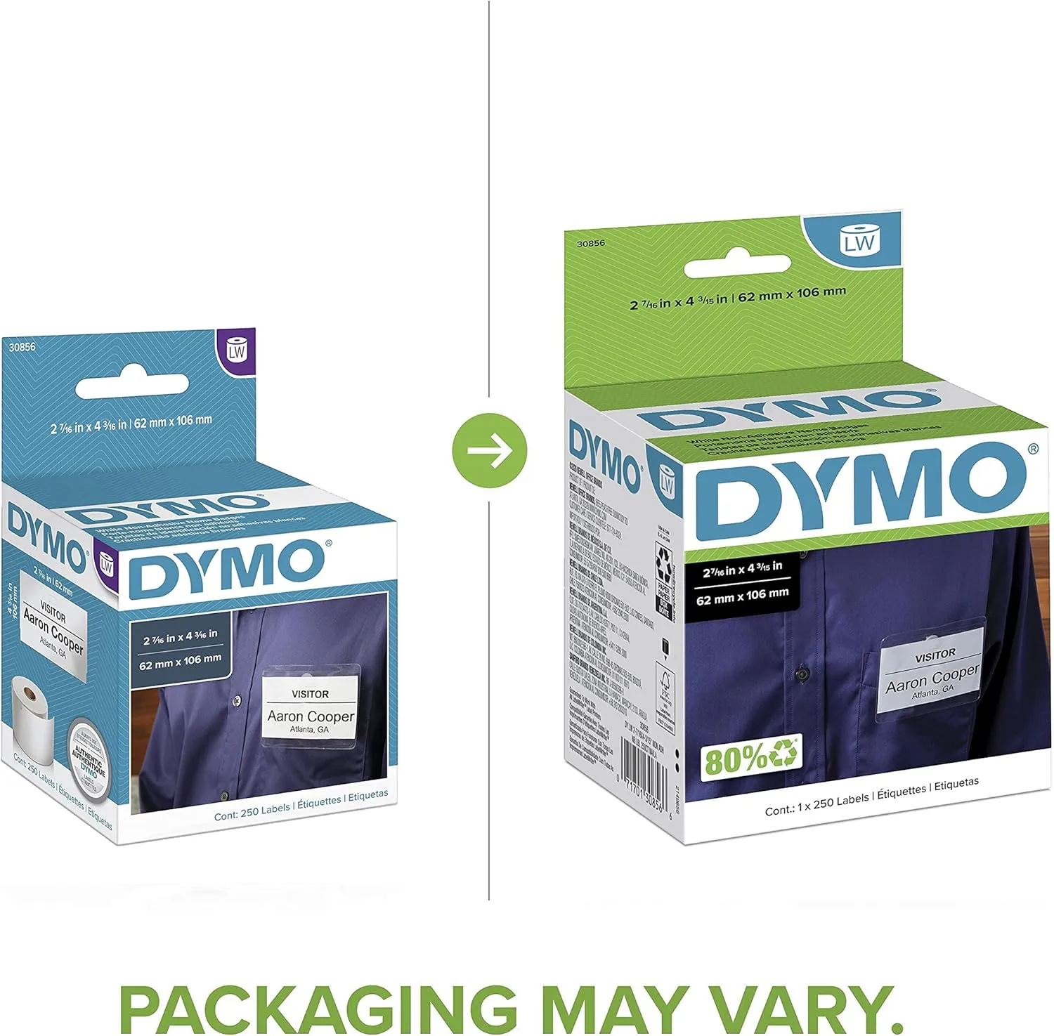 DYMO 30856 LW Non-Adhesive Name Badge Labels for LabelWriter Label Printers, White, 2-7/16'' x 4-3/16'', 1 Roll of 250