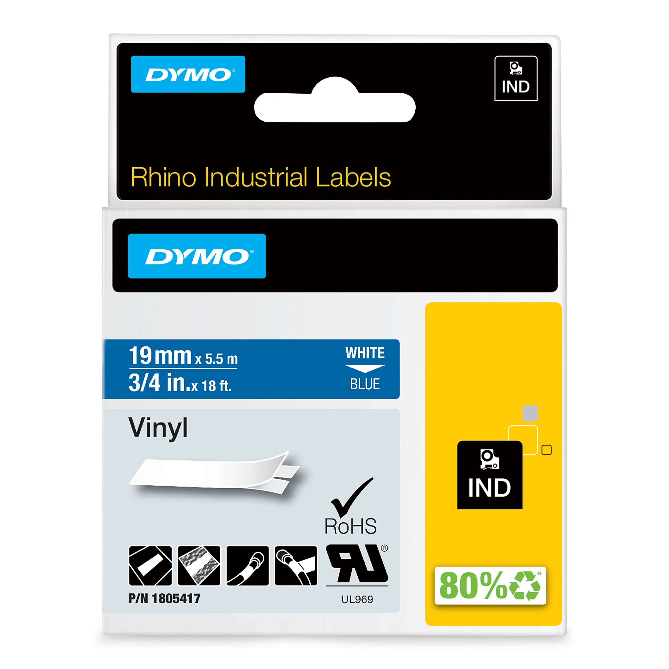 DYMO Rhino Adhesive Vinyl Label Tape, 18 ft Cassette