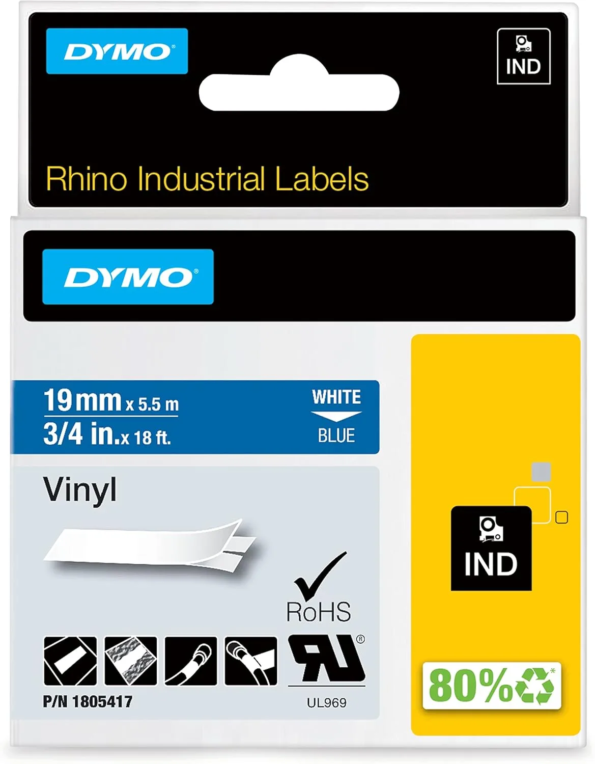 DYMO Rhino Adhesive Vinyl Label Tape, 18 ft Cassette