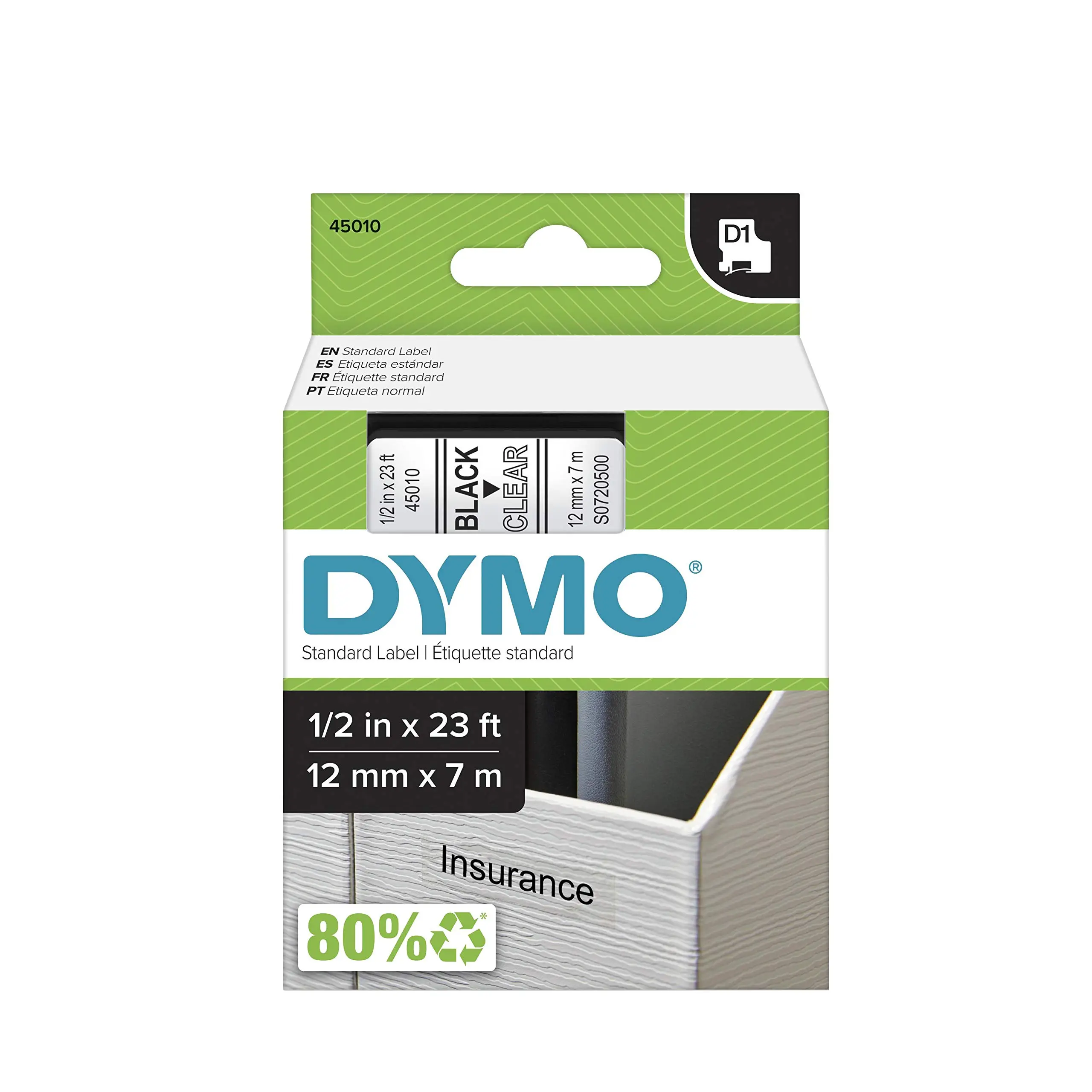 DYMO D1 1/2 in x 23 ft Black on Clear Label Tape (45010)