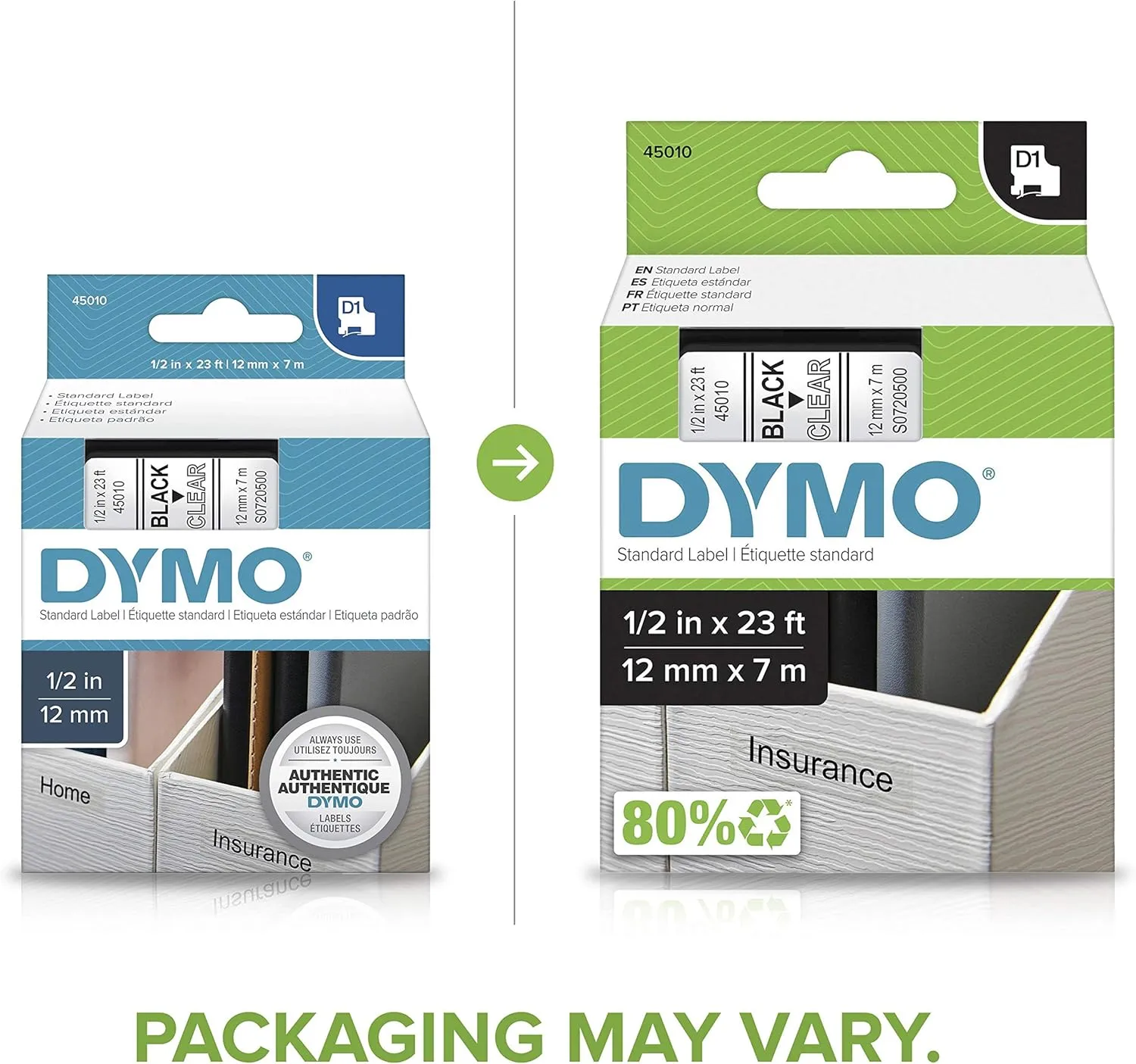 DYMO D1 1/2 in x 23 ft Black on Clear Label Tape (45010)