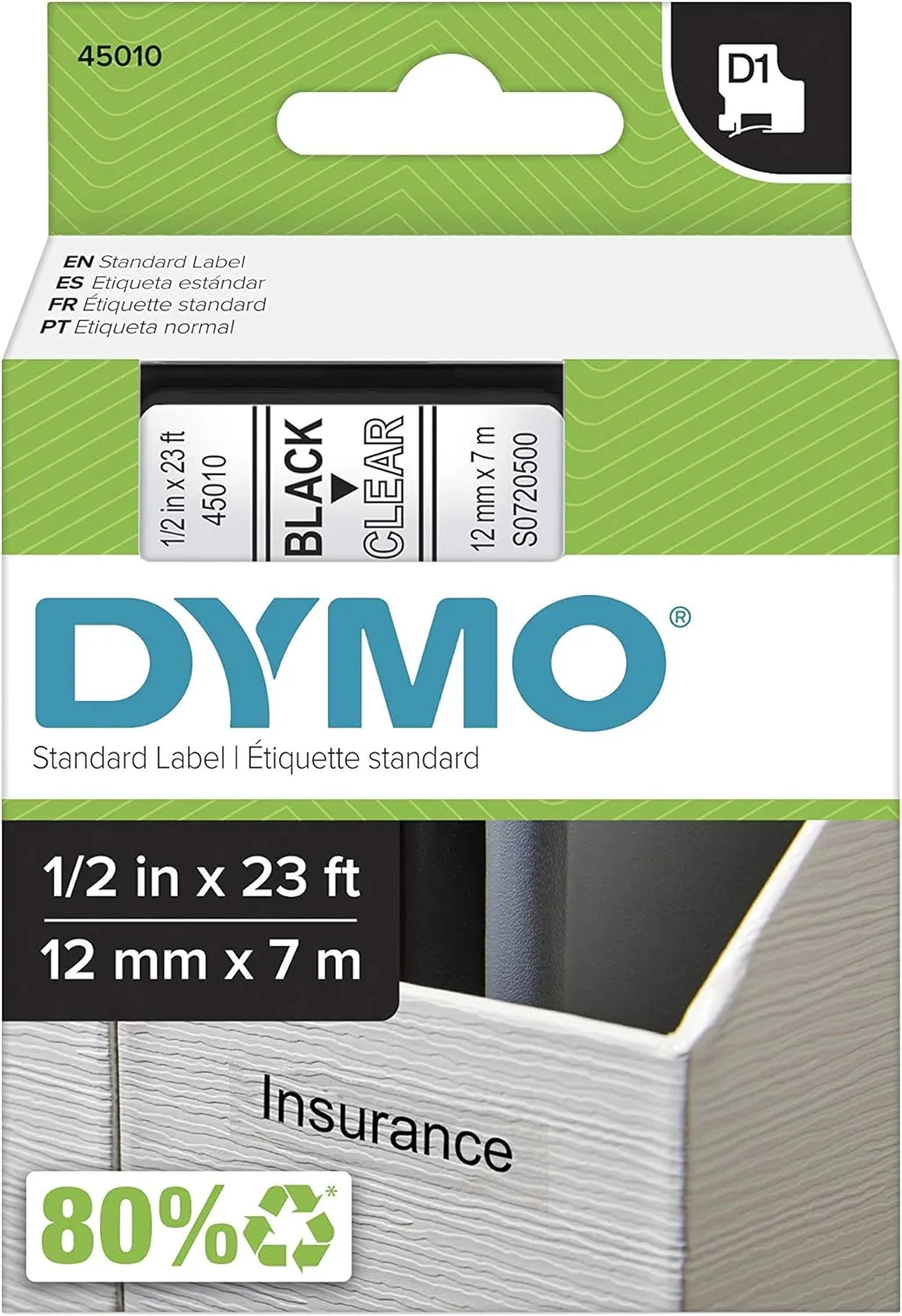 DYMO D1 1/2 in x 23 ft Black on Clear Label Tape (45010)