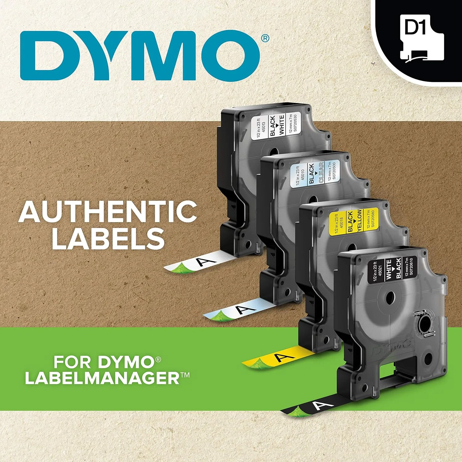 DYMO D1 Label Tape 1/2in x 23ft, Black on White (Model 45113)