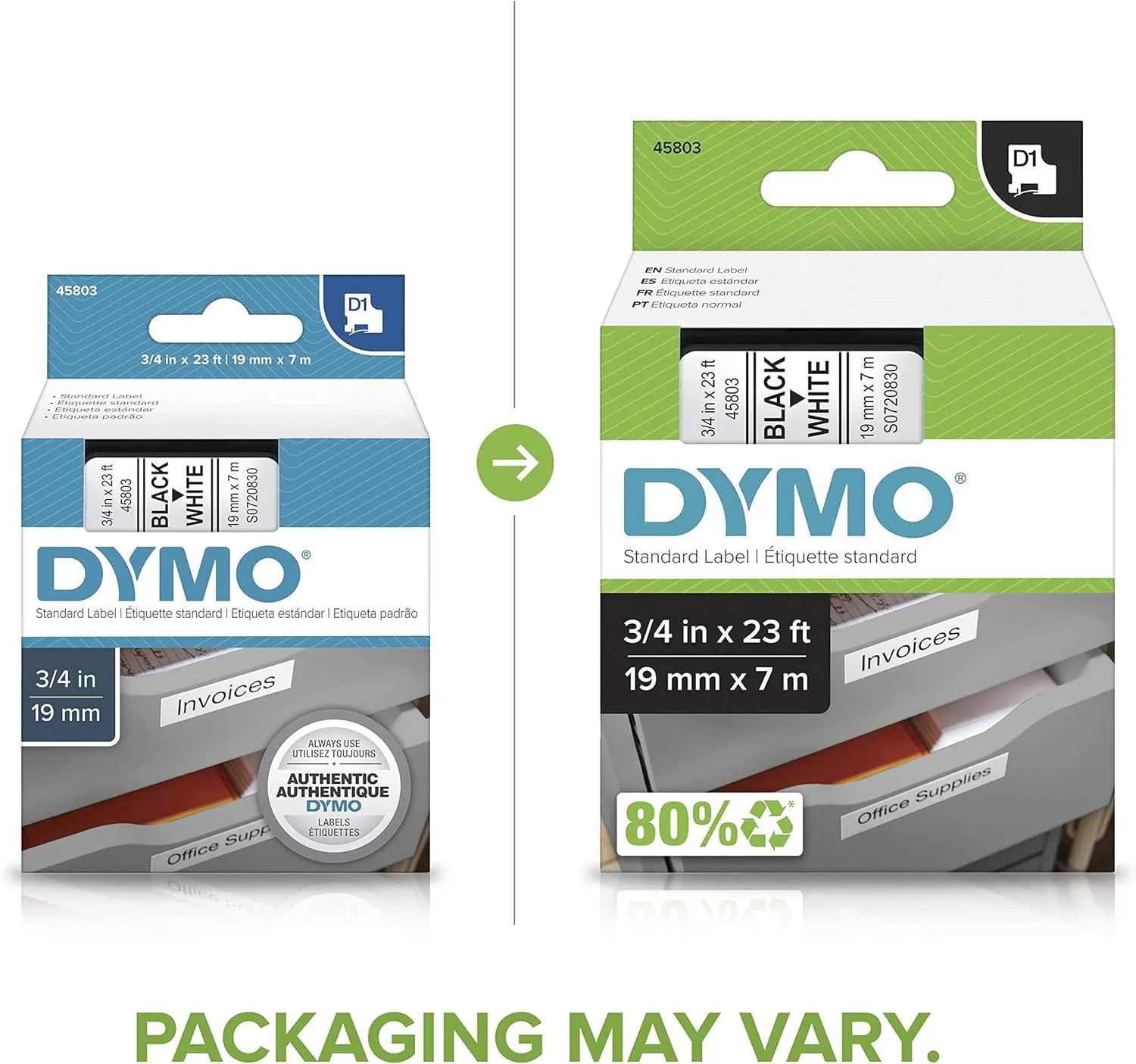 DYMO Authentic Standard D1 Labeling Tape for LabelManager Label Makers, Black Print on White Tape, 3/4'' W x 23' L, 1 Cartridge